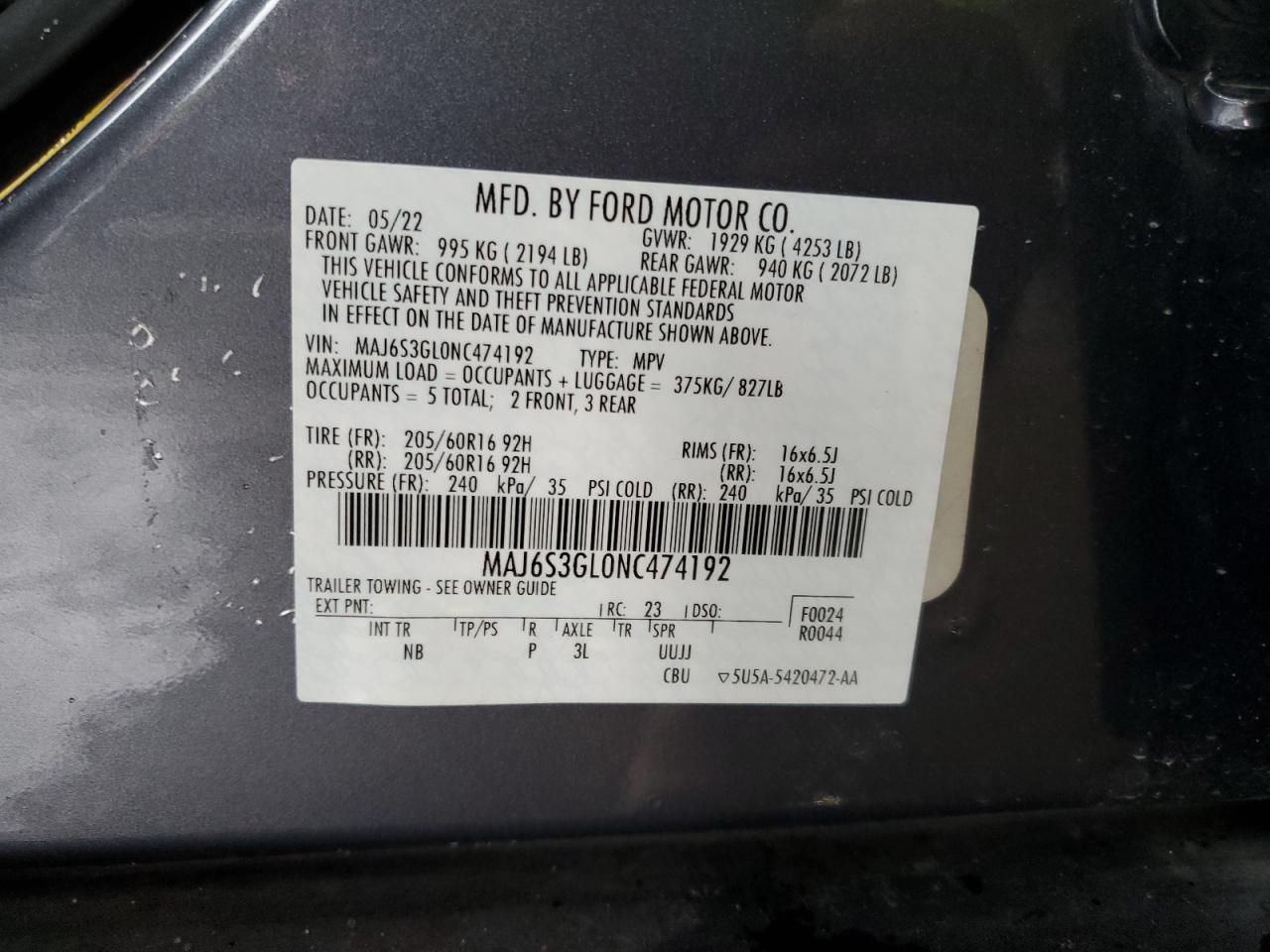 2022 FORD ECOSPORT SE VIN:MAJ6S3GL0NC474192