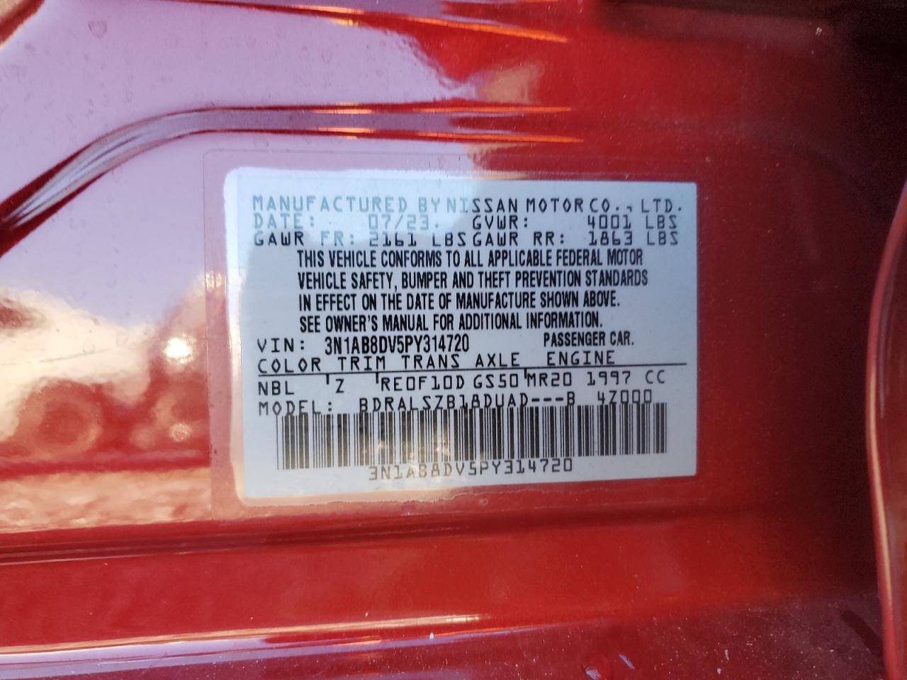 2023 NISSAN SENTRA SR VIN:3N1AB8DV5PY314720