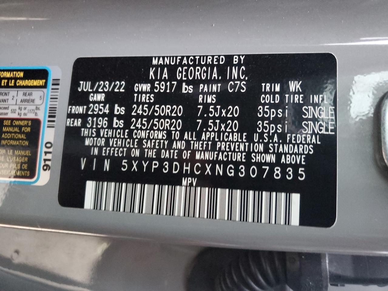 2022 KIA TELLURIDE EX VIN:5XYP3DHCXNG307835