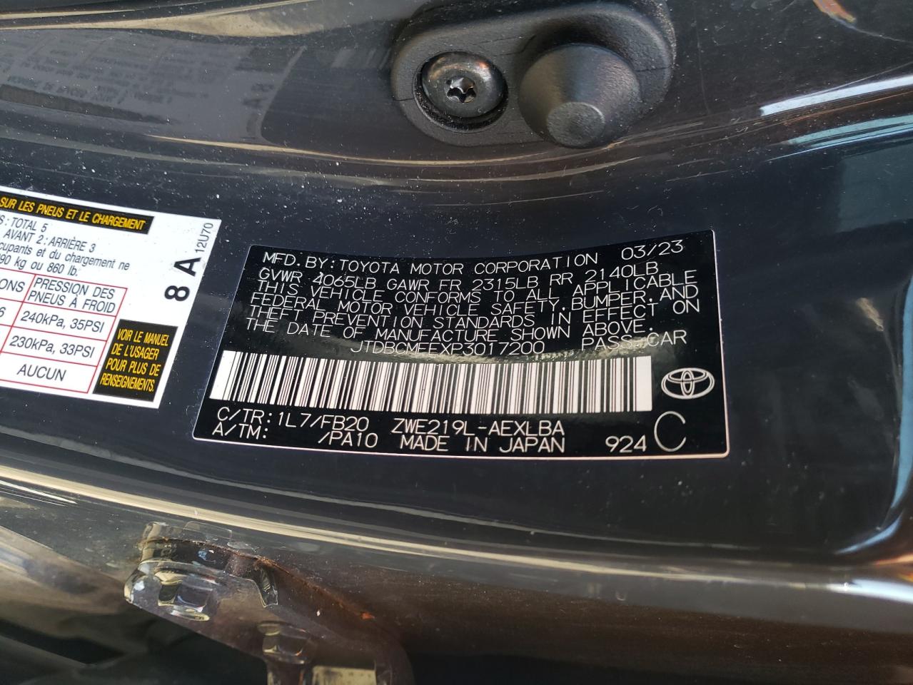 2023 TOYOTA COROLLA LE VIN:JTDBCMFEXP3017200