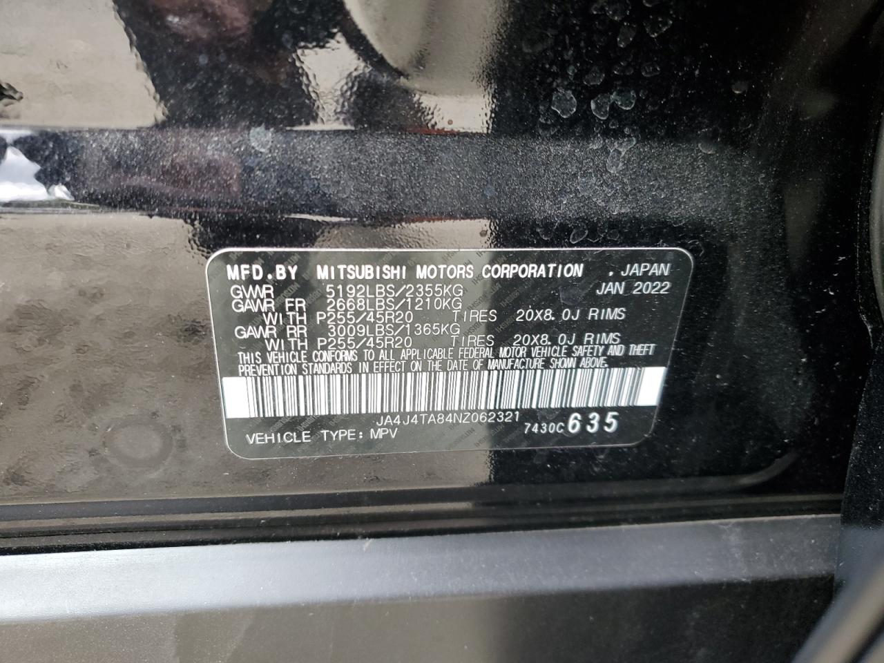 2022 MITSUBISHI OUTLANDER ES VIN:JA4J4TA84NZ062321