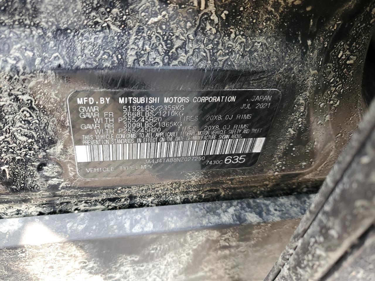 2022 MITSUBISHI OUTLANDER ES VIN:JA4J4TA88NZ027250