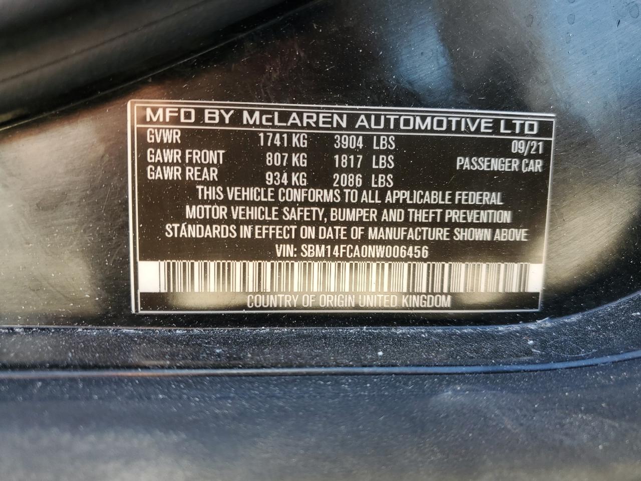 2022 MCLAREN AUTOMOTIVE 720S VIN:SBM14FCA0NW006456