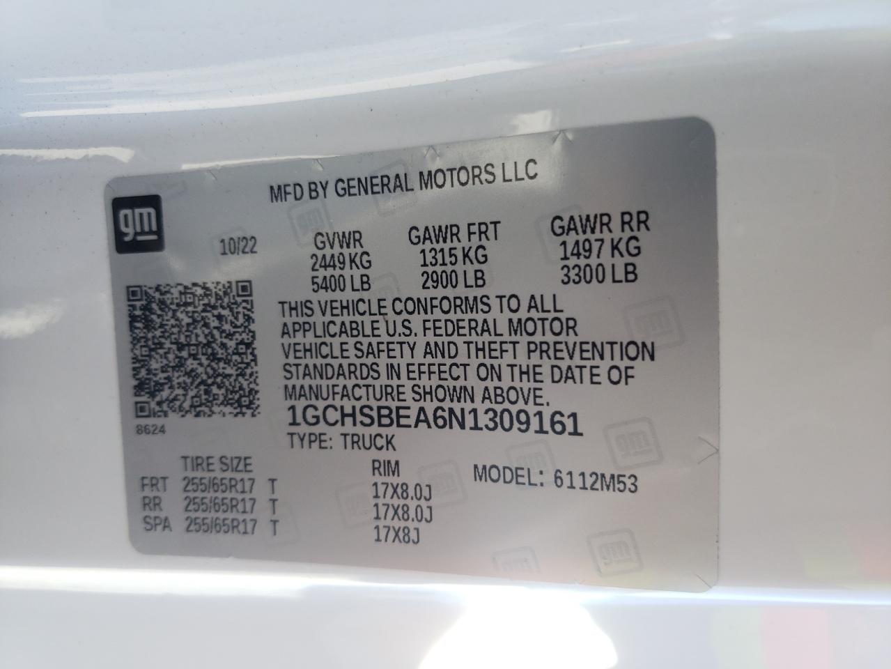 2022 CHEVROLET COLORADO VIN:1GCHSBEA6N1309161