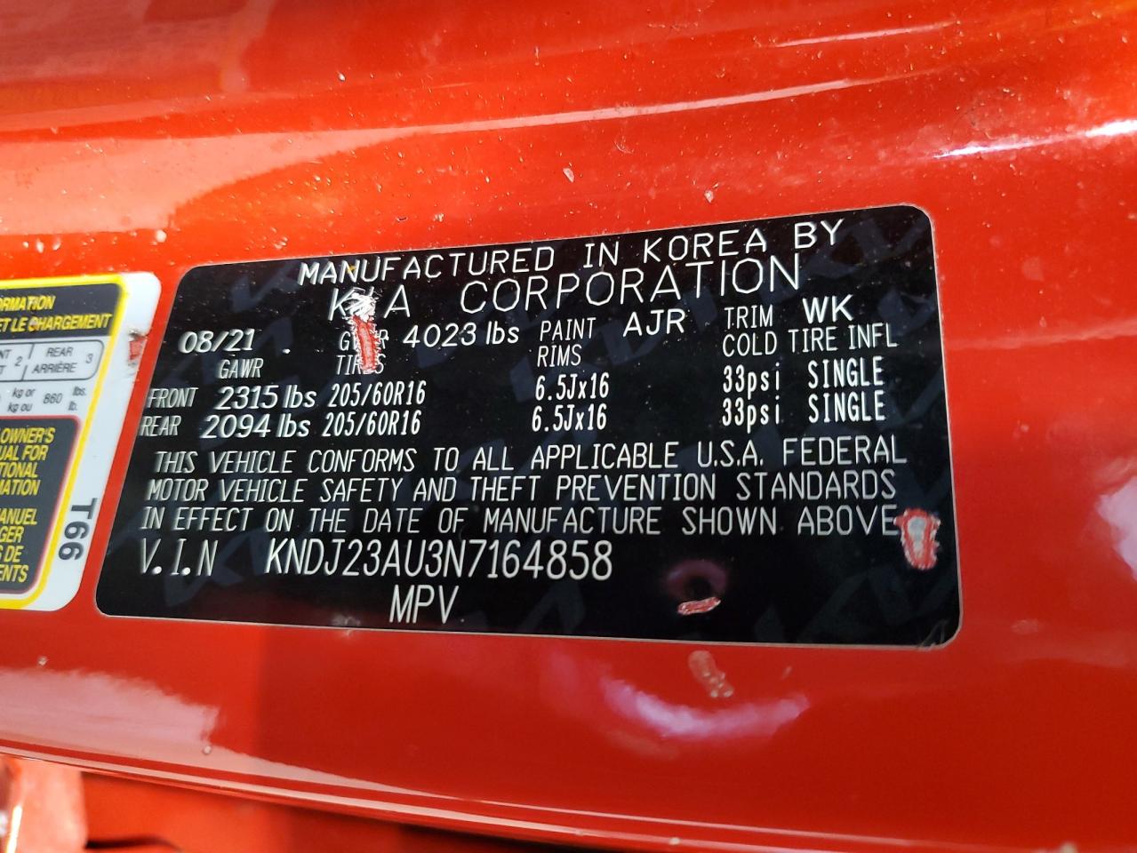 2022 KIA SOUL LX VIN:KNDJ23AU3N7164858