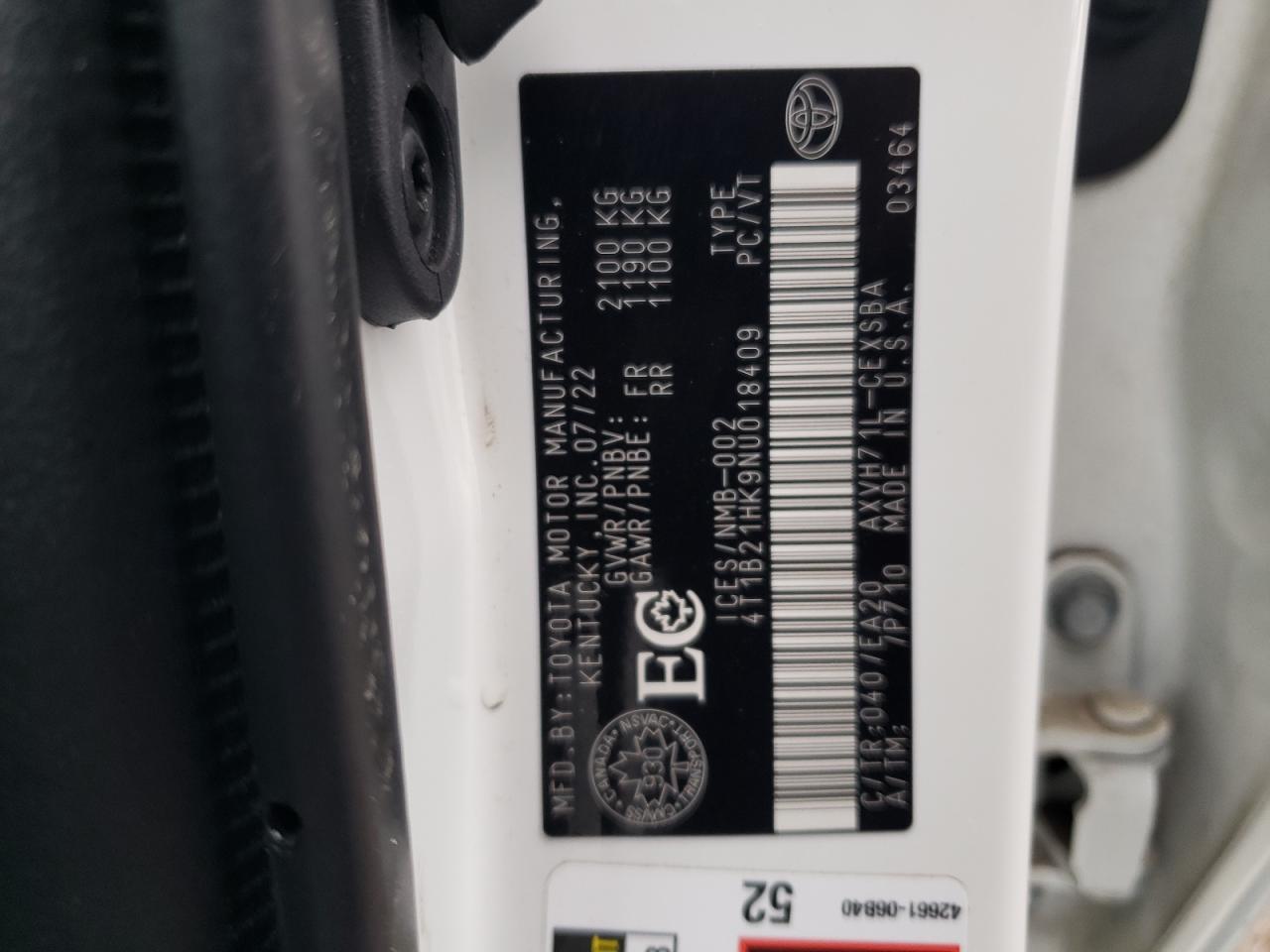 2022 TOYOTA CAMRY XLE VIN:4T1B21HK9NU018409