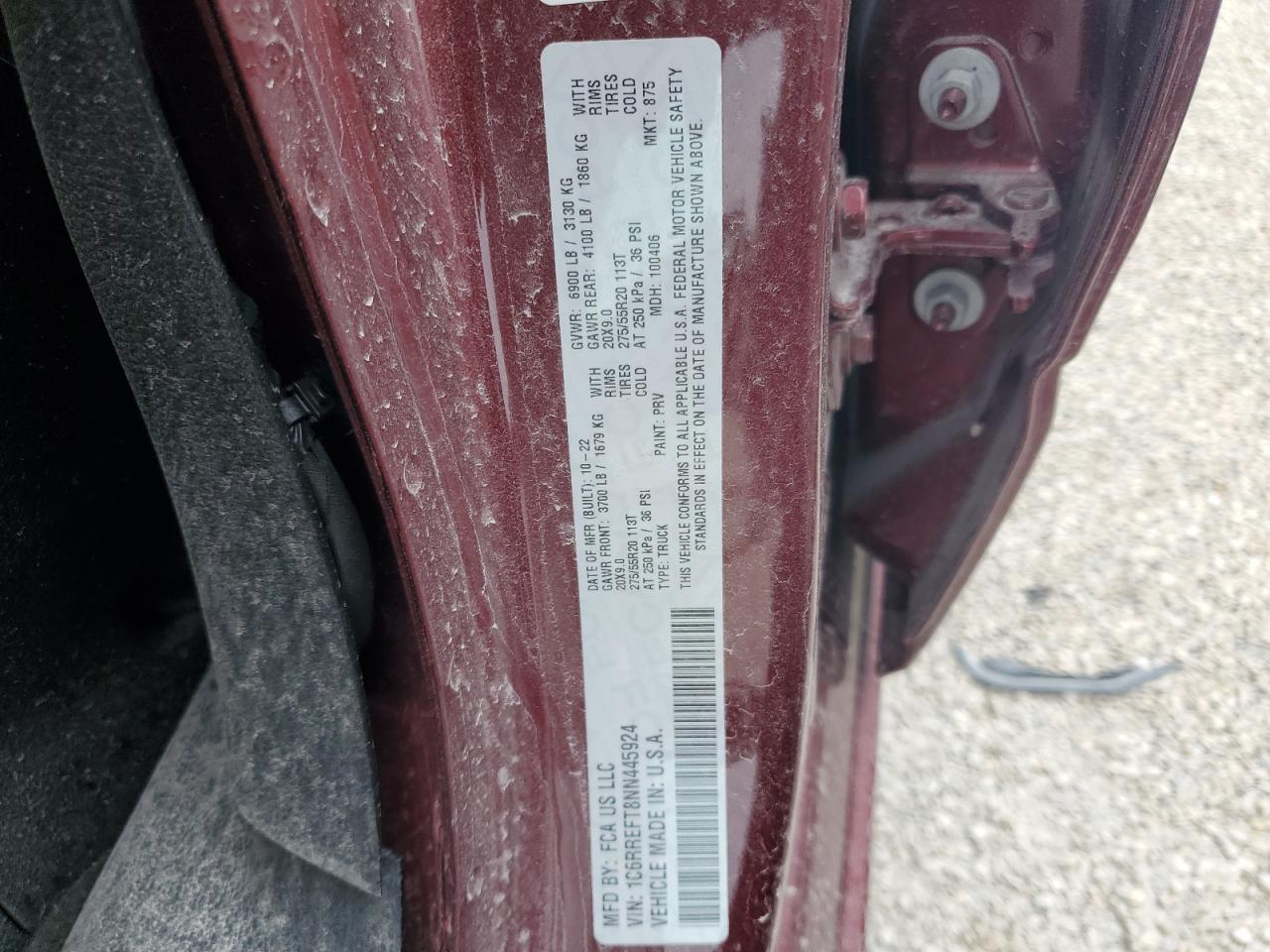 2022 RAM 1500 BIG HORN/LONE STAR VIN:1C6RREFT8NN445924