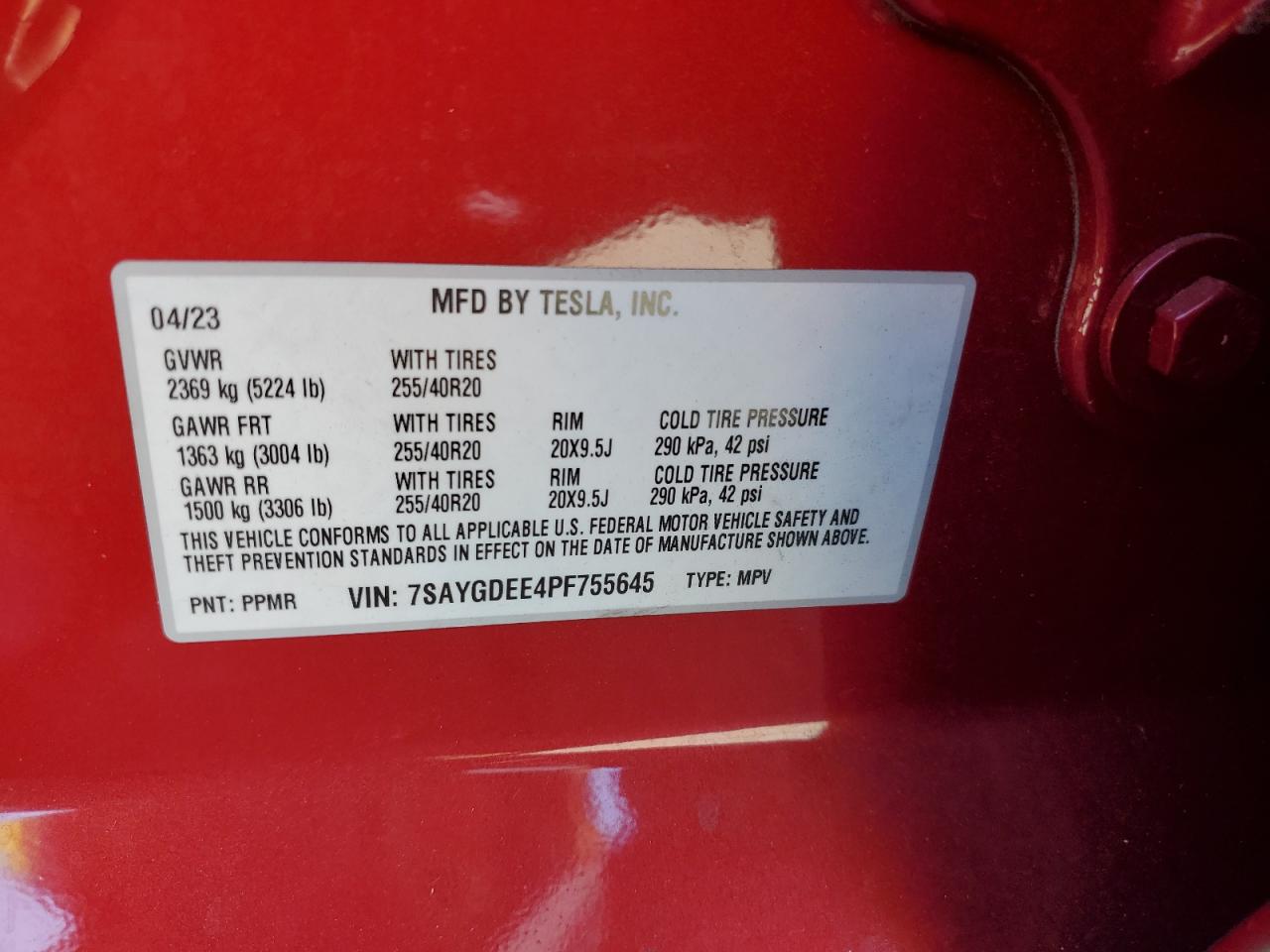 2023 TESLA MODEL Y VIN:7SAYGDEE4PF755645
