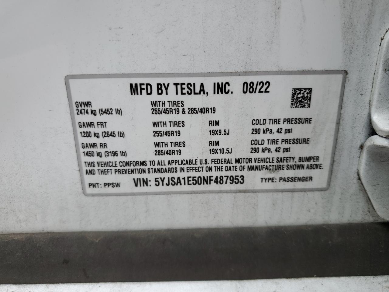 2022 TESLA MODEL S VIN:5YJSA1E50NF487953
