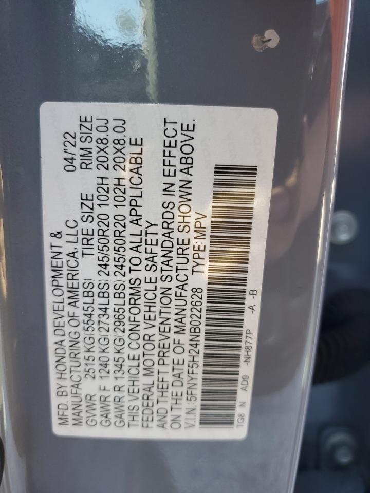 2022 HONDA PILOT SE VIN:5FNYF5H24NB022628