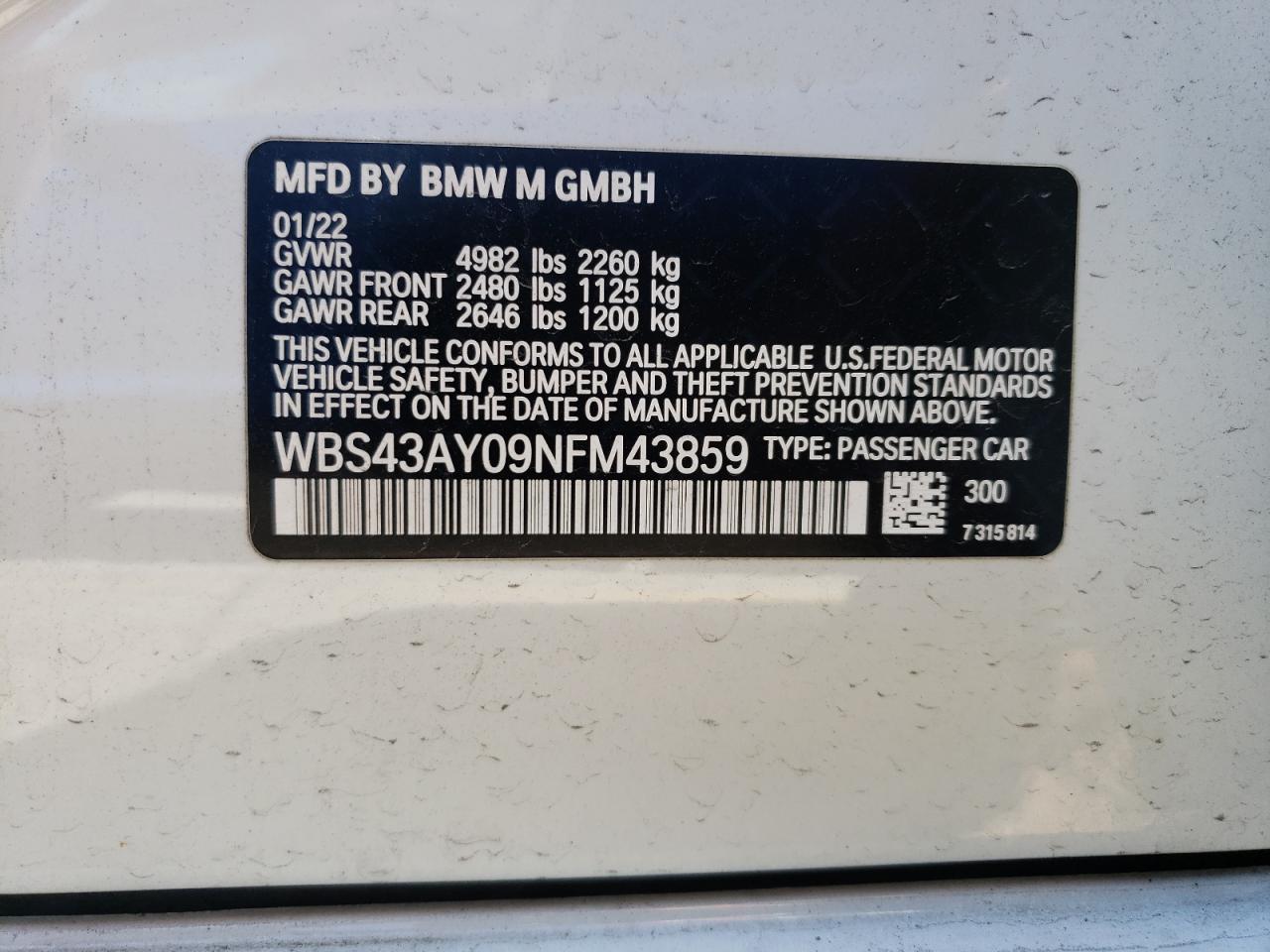 2022 BMW M3 COMPETITION VIN:WBS43AY09NFM43859