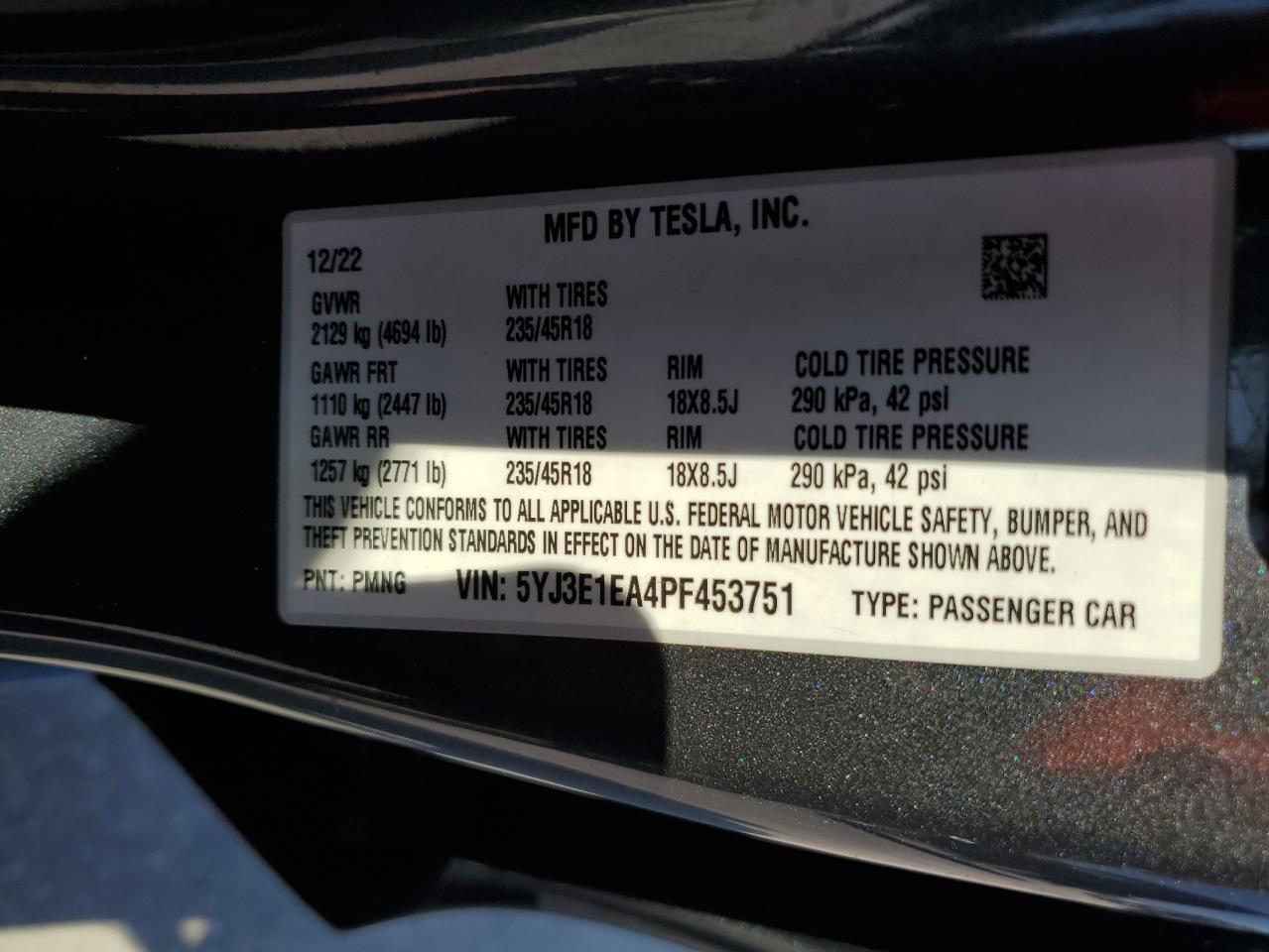 2023 TESLA MODEL 3 VIN:5YJ3E1EA4PF453751