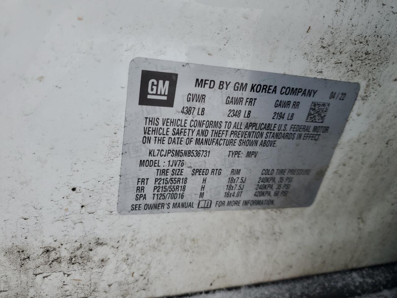 2022 CHEVROLET TRAX 1LT VIN:KL7CJPSM5NB536731