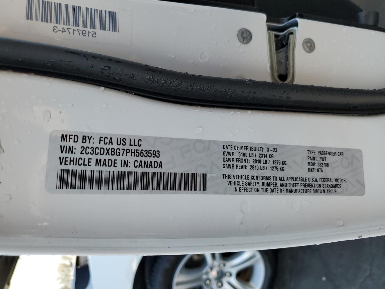 2023 DODGE CHARGER SXT VIN:2C3CDXBG7PH563593