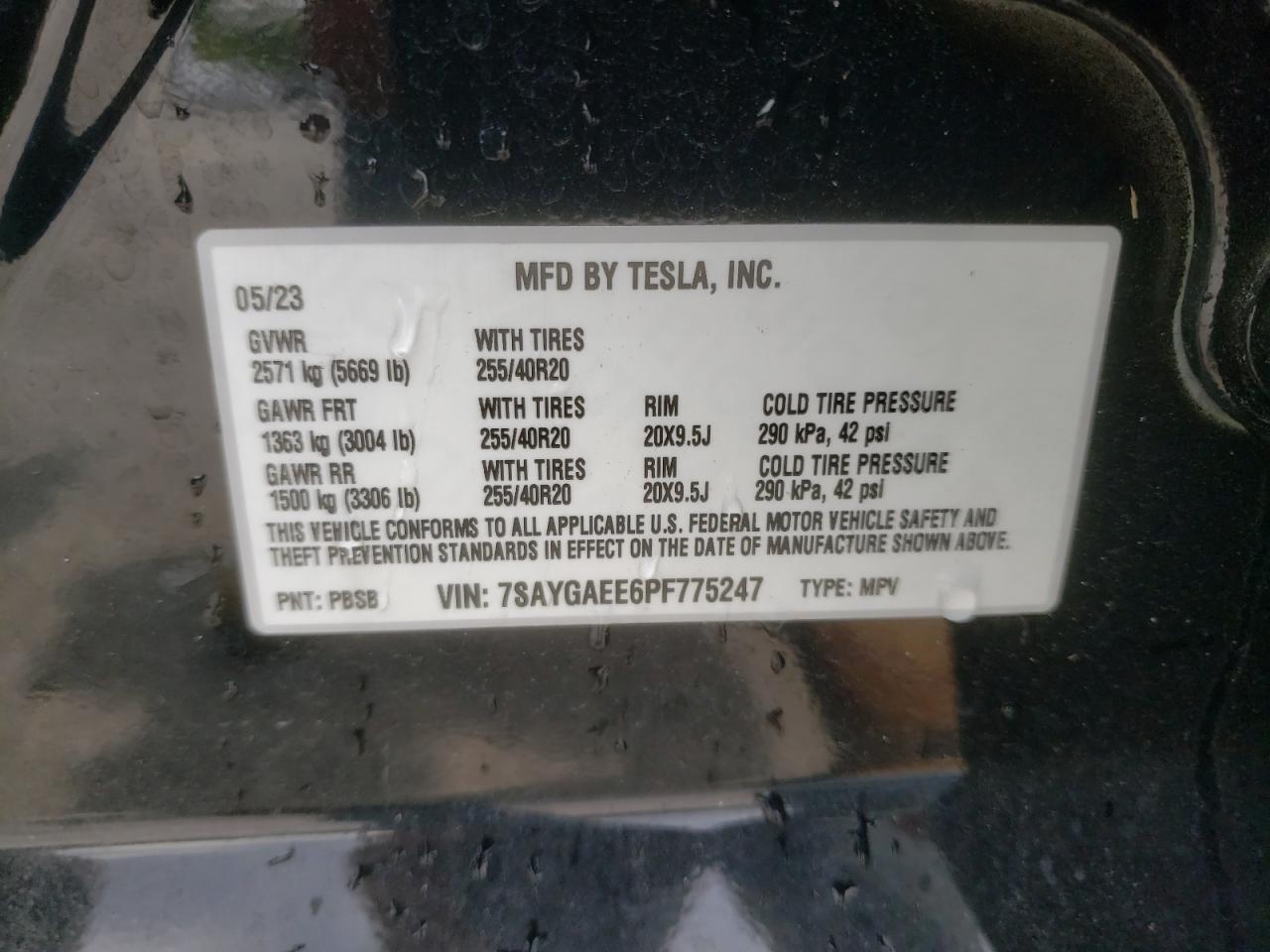 2023 TESLA MODEL Y VIN:7SAYGAEE6PF775247