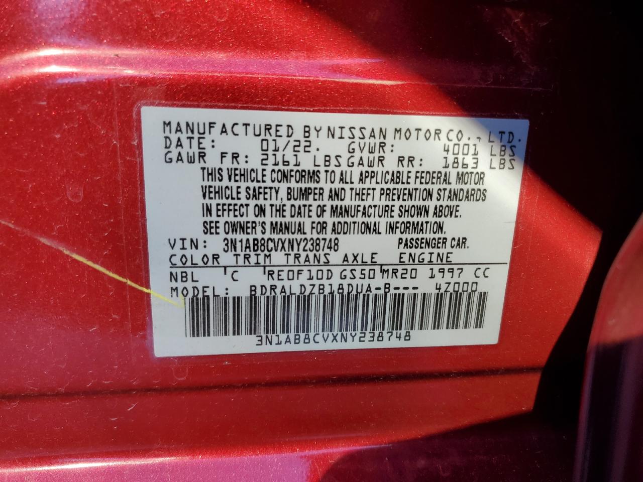 2022 NISSAN SENTRA SV VIN:3N1AB8CVXNY238748