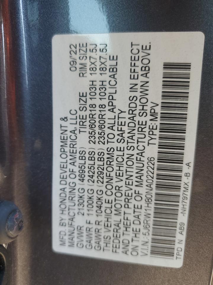 2022 HONDA CR-V EXL VIN:5J6RW1H80NA022226