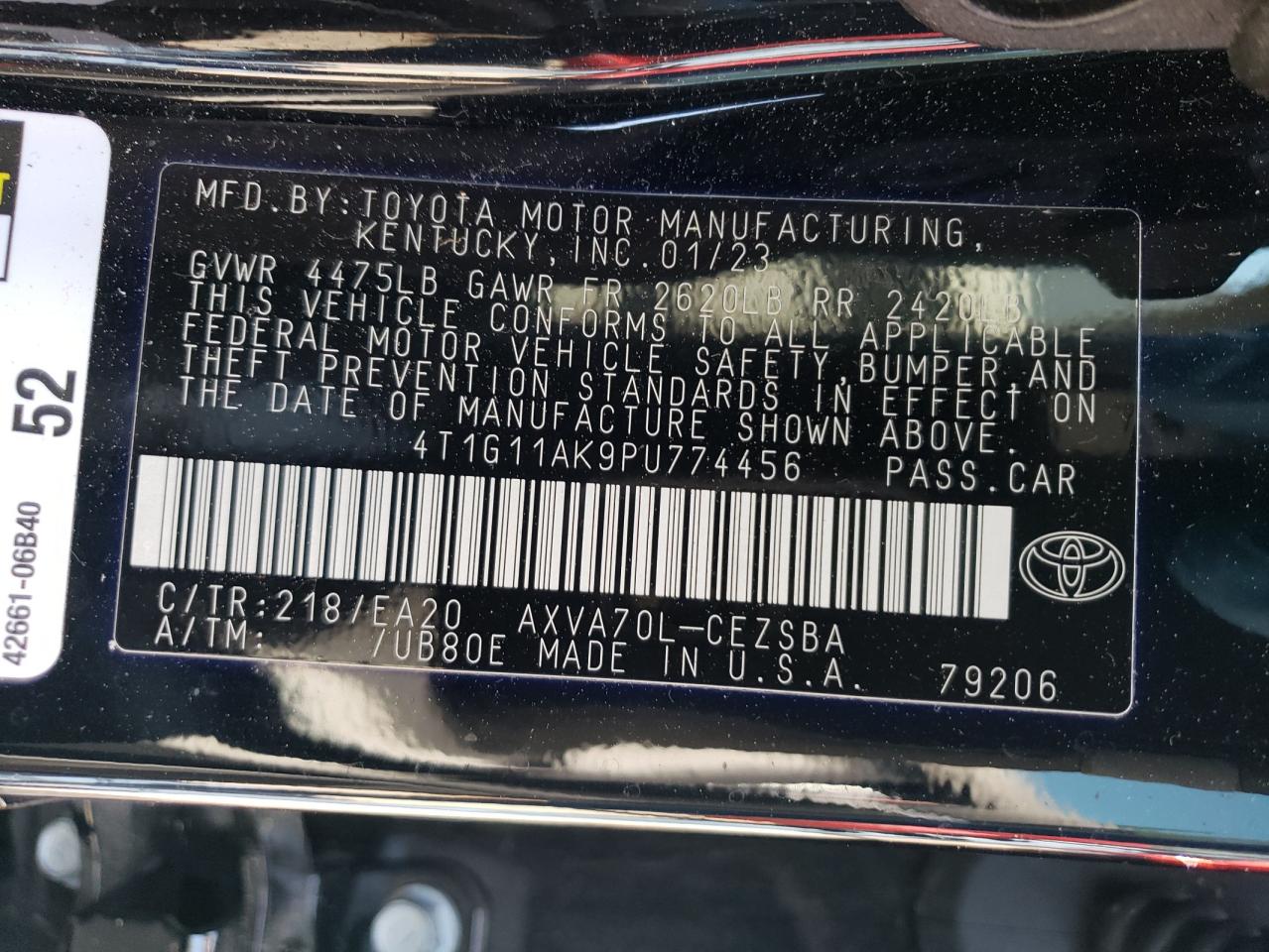 2023 TOYOTA CAMRY SE NIGHT SHADE VIN:4T1G11AK9PU774456