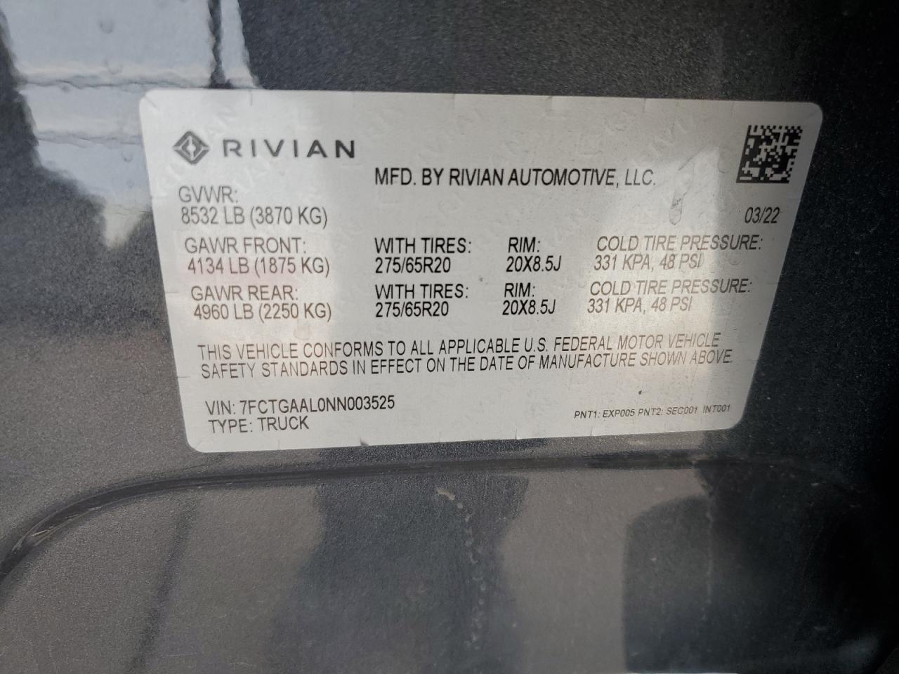 2022 RIVIAN R1T LAUNCH EDITION VIN:7FCTGAAL0NN003525