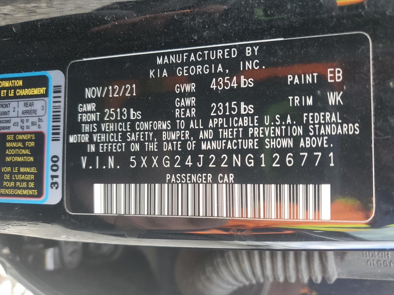 2022 KIA K5 LX VIN:5XXG24J22NG126771
