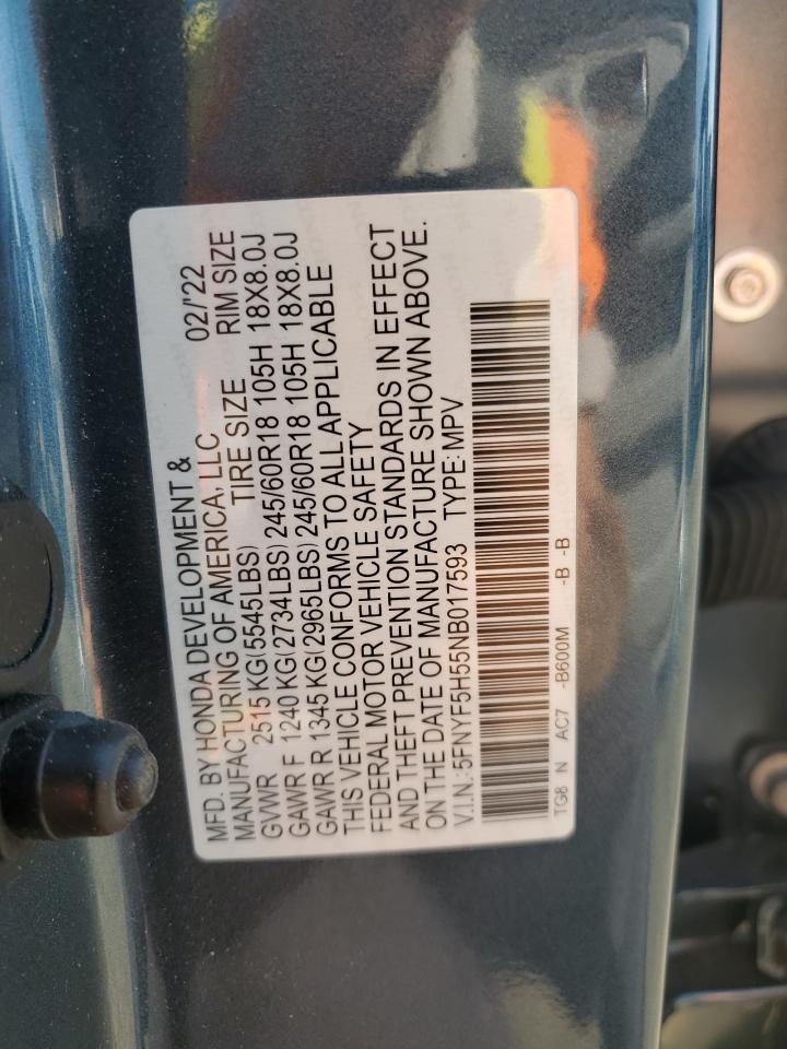 2022 HONDA PILOT EXL VIN:5FNYF5H55NB017593