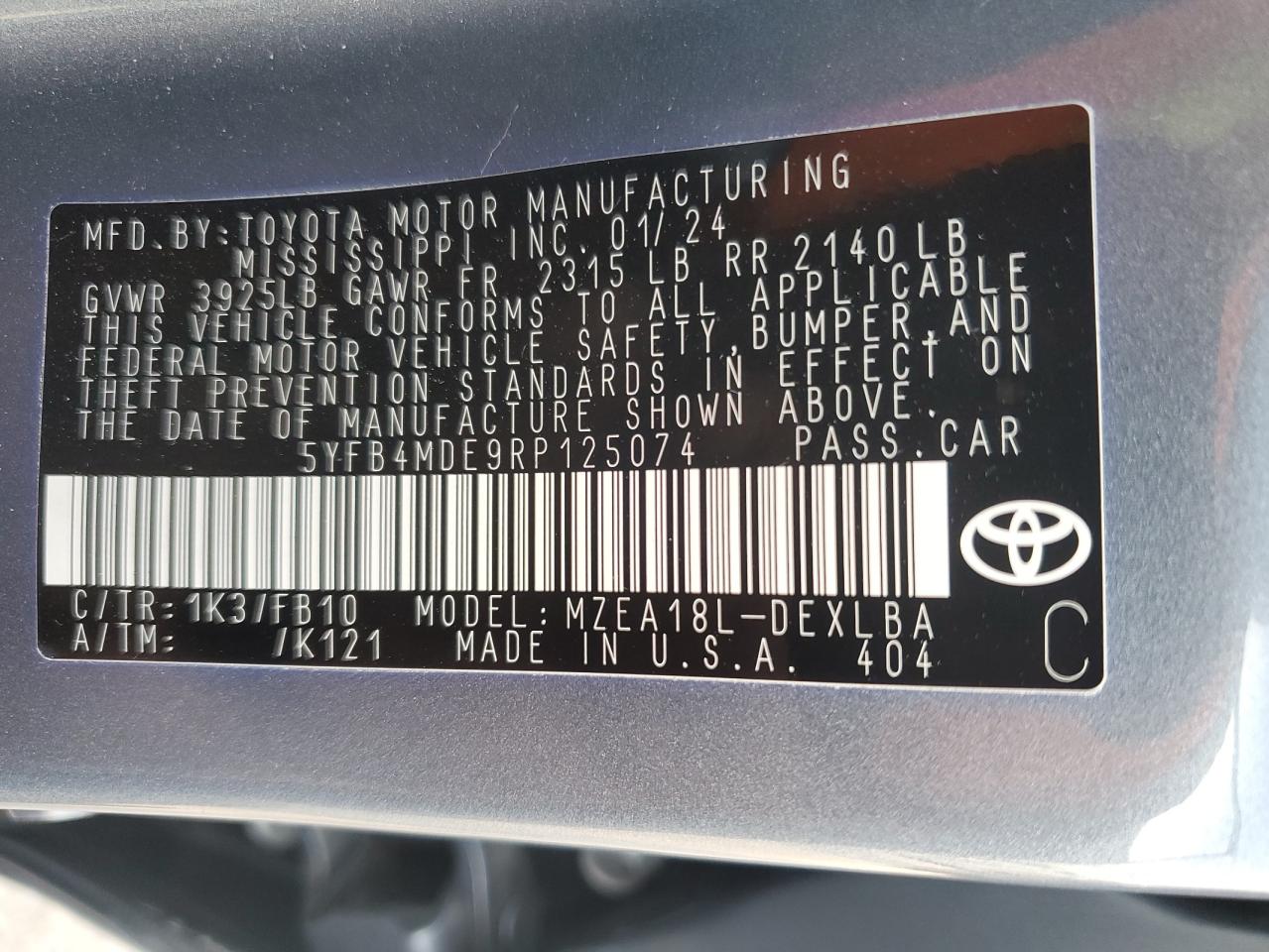 2024 TOYOTA COROLLA LE VIN:5YFB4MDE9RP125074