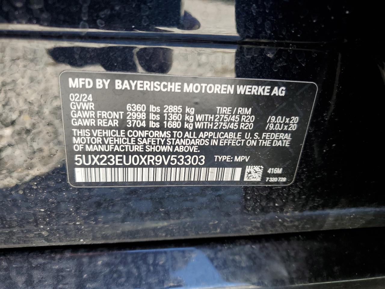 2024 BMW X5 XDRIVE40I VIN:5UX23EU0XR9V53303