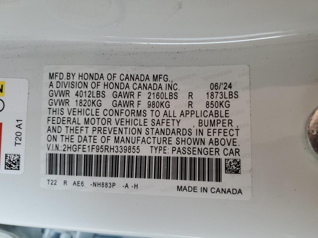 2024 HONDA CIVIC TOURING VIN:2HGFE1F95RH339855