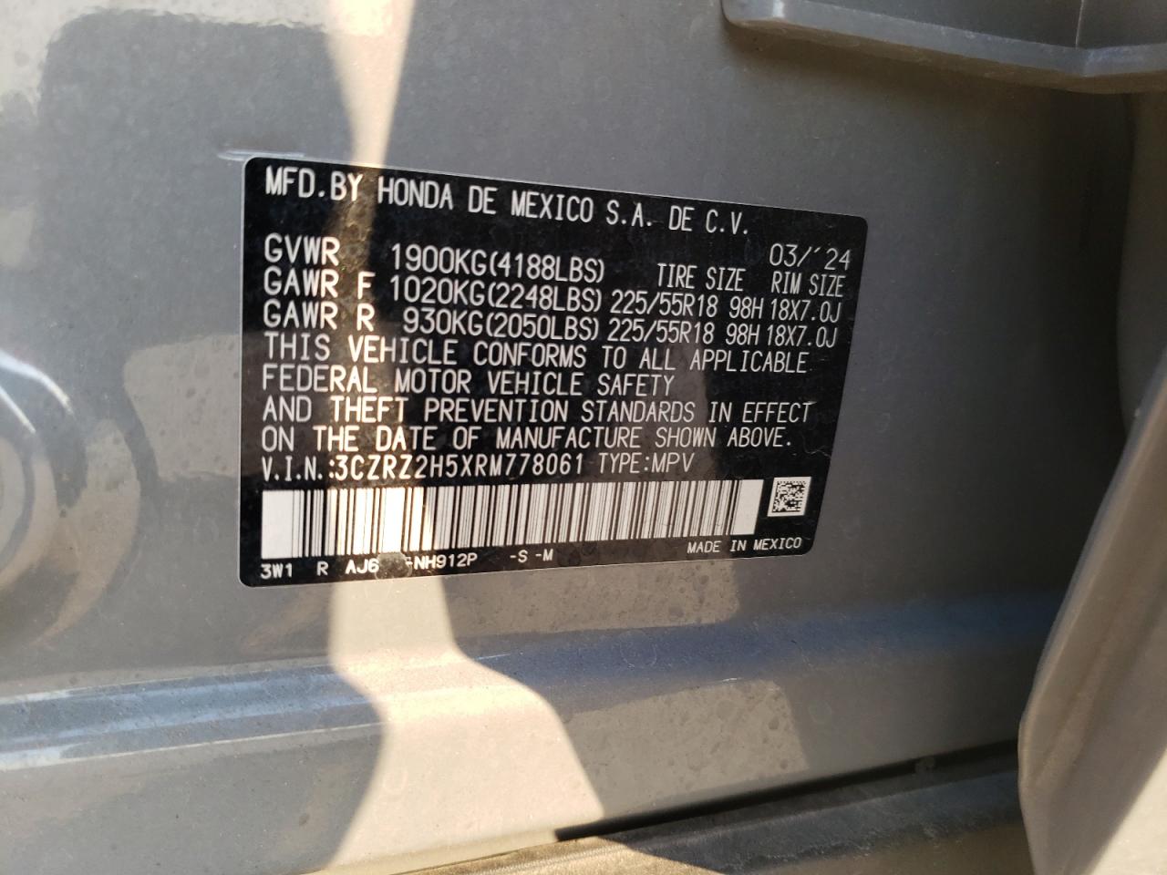 2024 HONDA HR-V SPORT VIN:3CZRZ2H5XRM778061