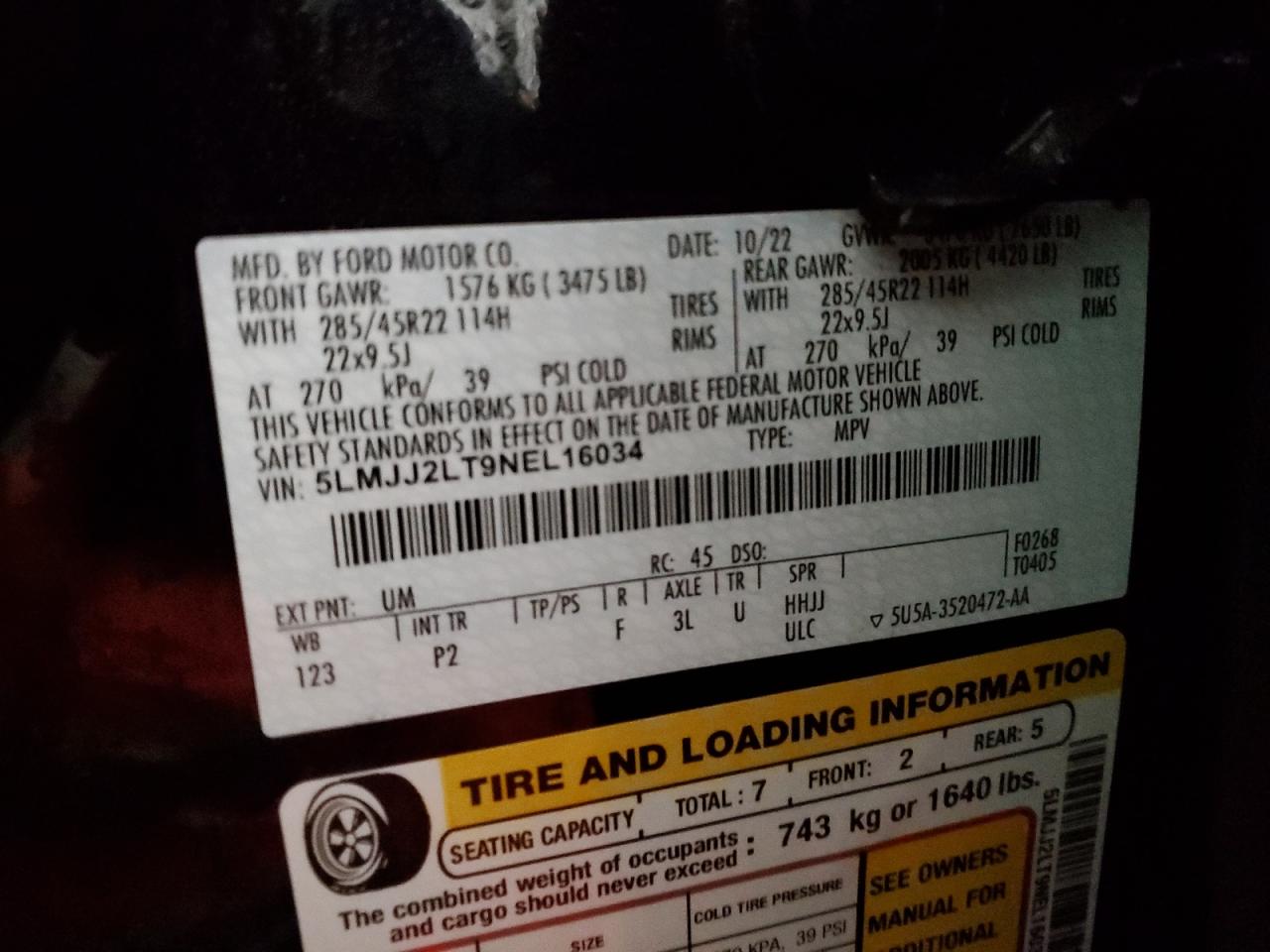 2022 LINCOLN NAVIGATOR RESERVE VIN:2HGFC2F54GH522590