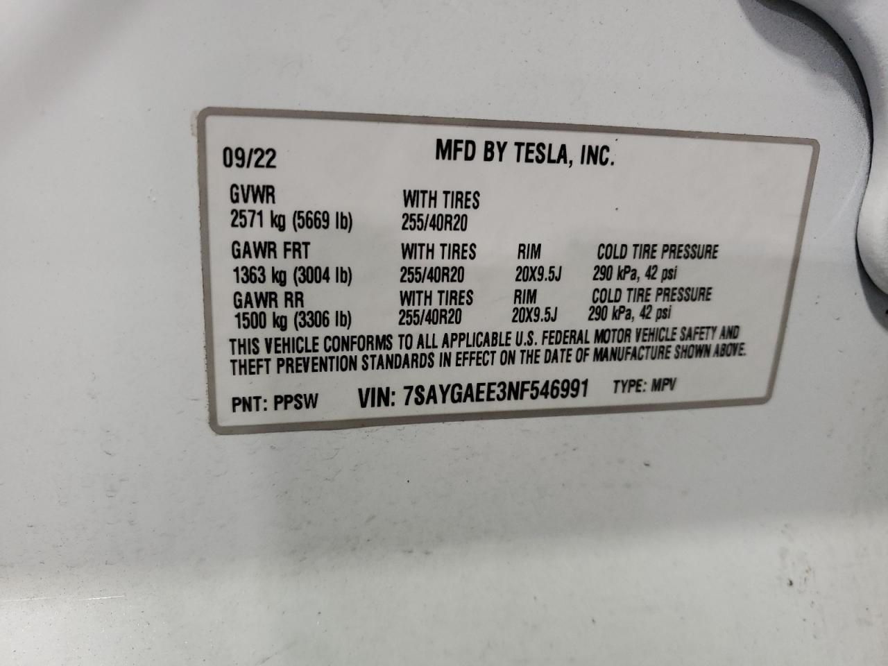 2022 TESLA MODEL Y VIN:7SAYGAEE3NF546991