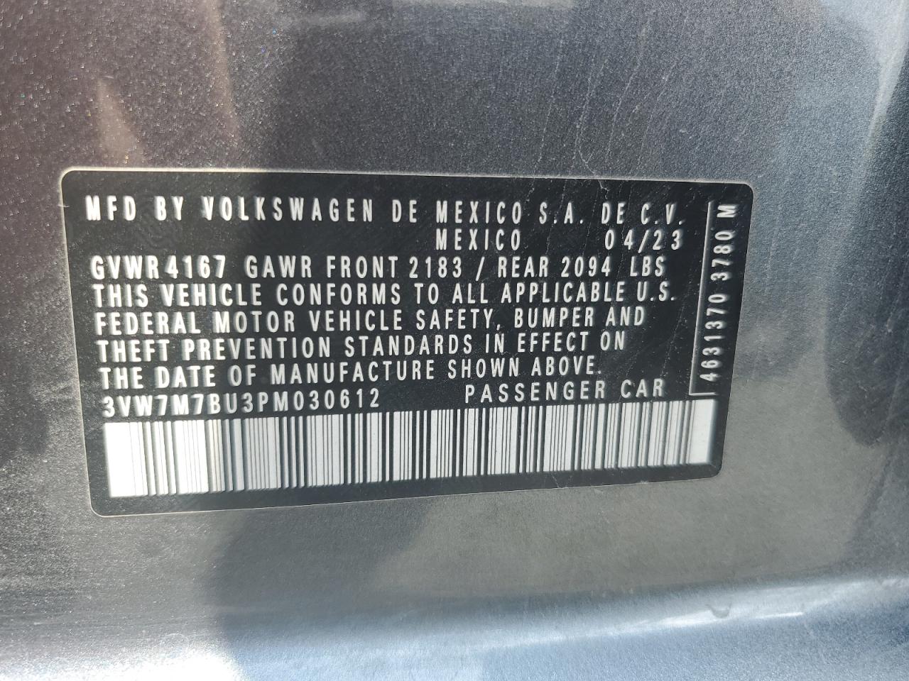 2023 VOLKSWAGEN JETTA SE VIN:WP0AA2A8XNS255297