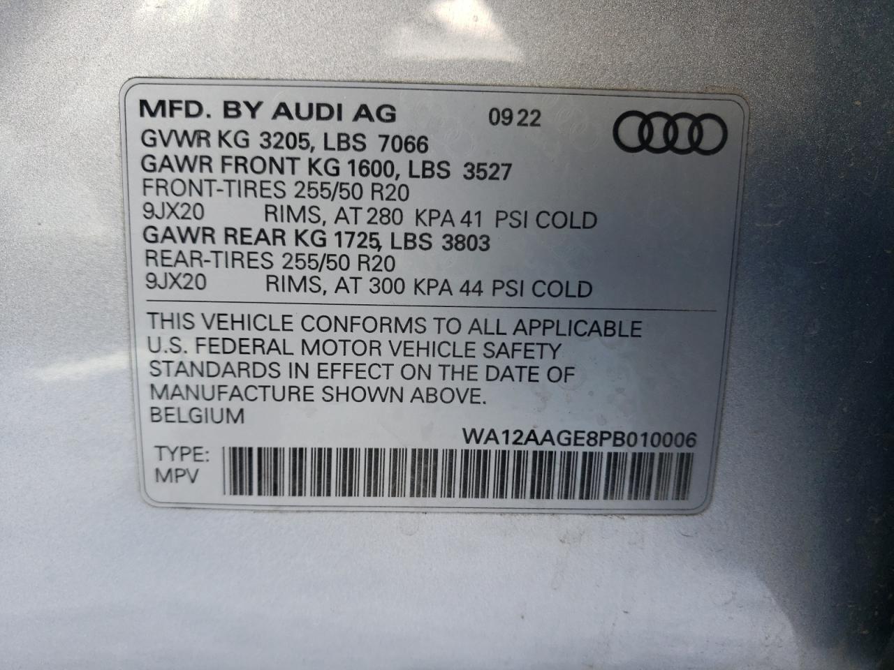 2023 AUDI E-TRON SPORTBACK PREMIUM PLUS VIN:WA12AAGE8PB010006