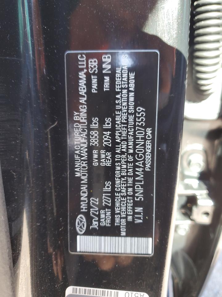 2022 HYUNDAI ELANTRA SEL VIN:5NPLM4AG0NH073559