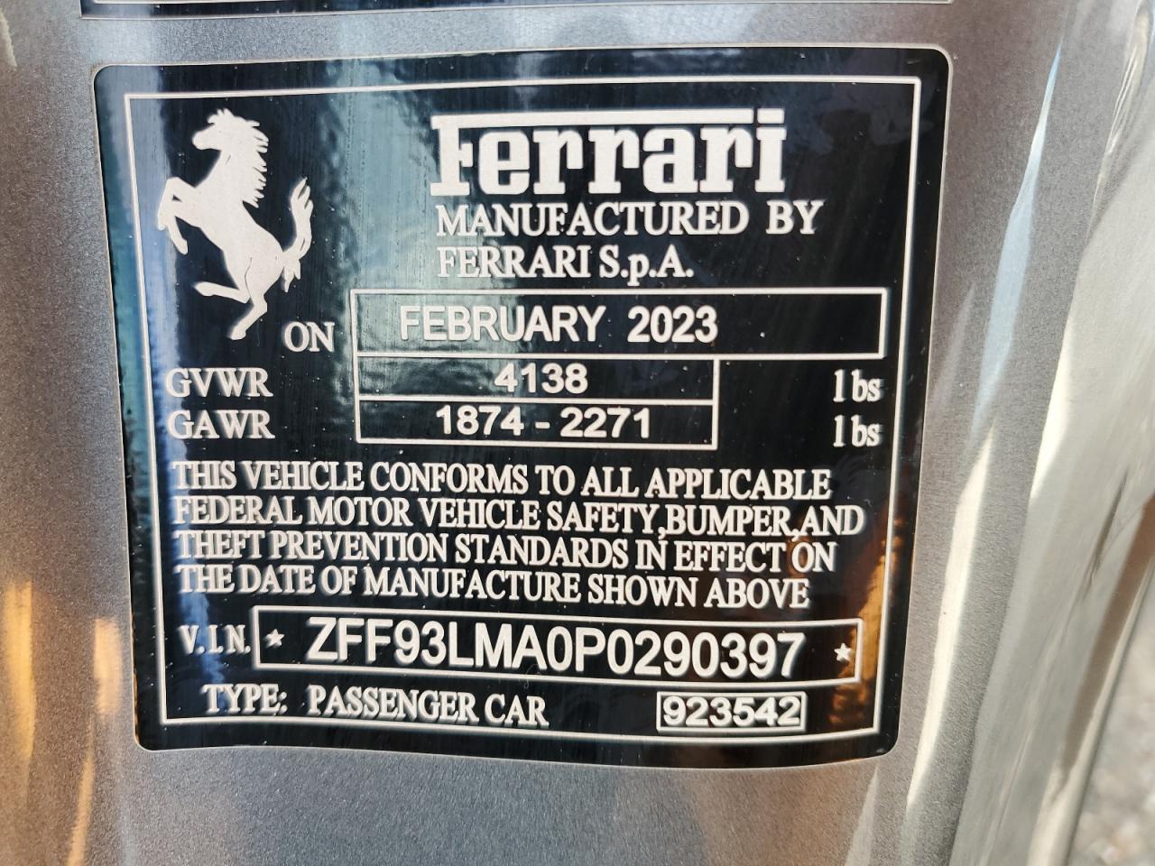 2023 FERRARI F8 SPIDER VIN:ZFF93LMA0P0290397