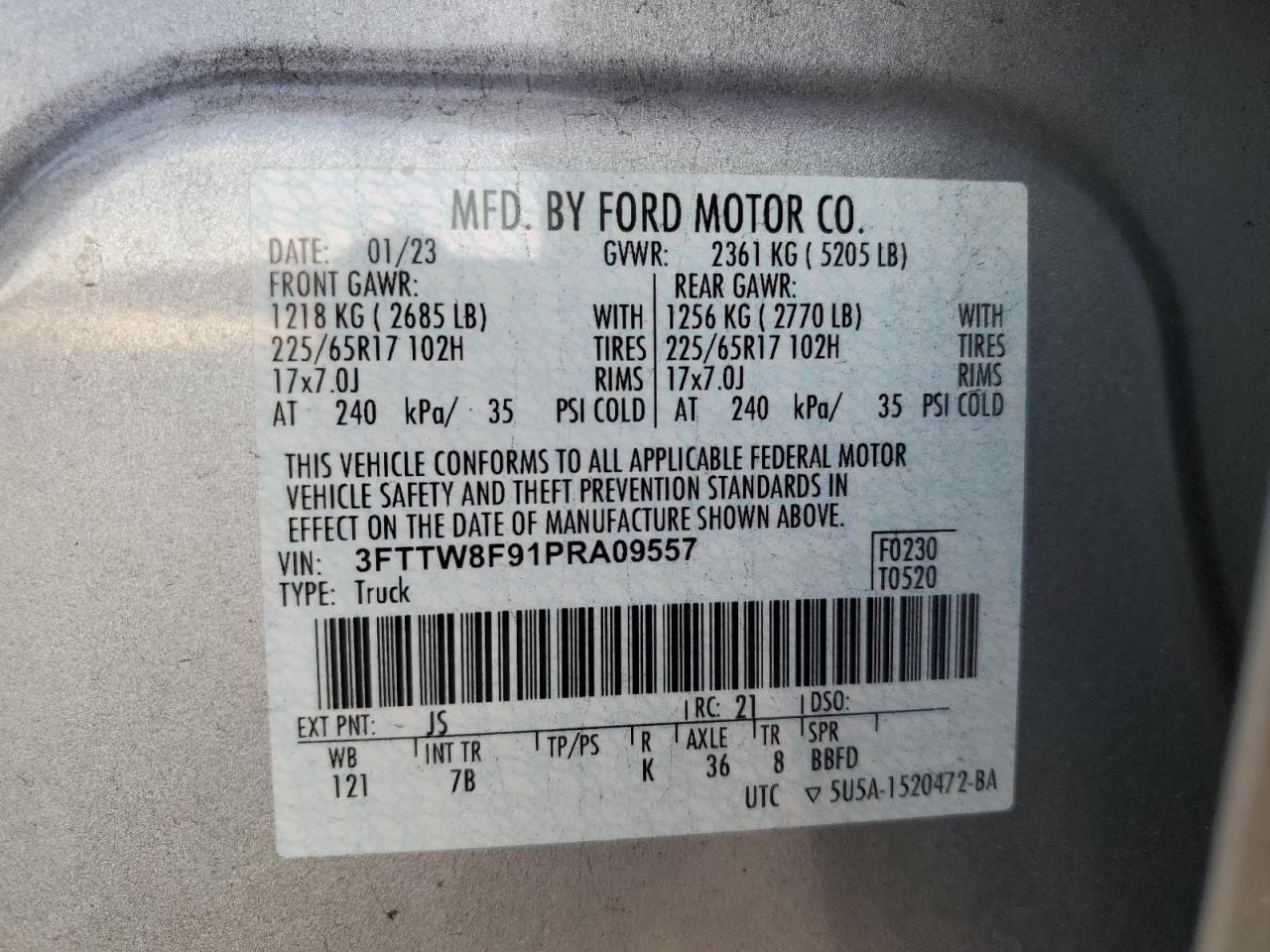 2023 FORD MAVERICK XL VIN:3FTTW8F91PRA09557