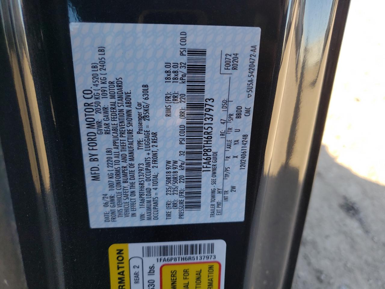2024 FORD MUSTANG VIN:1FA6P8TH6R5137973