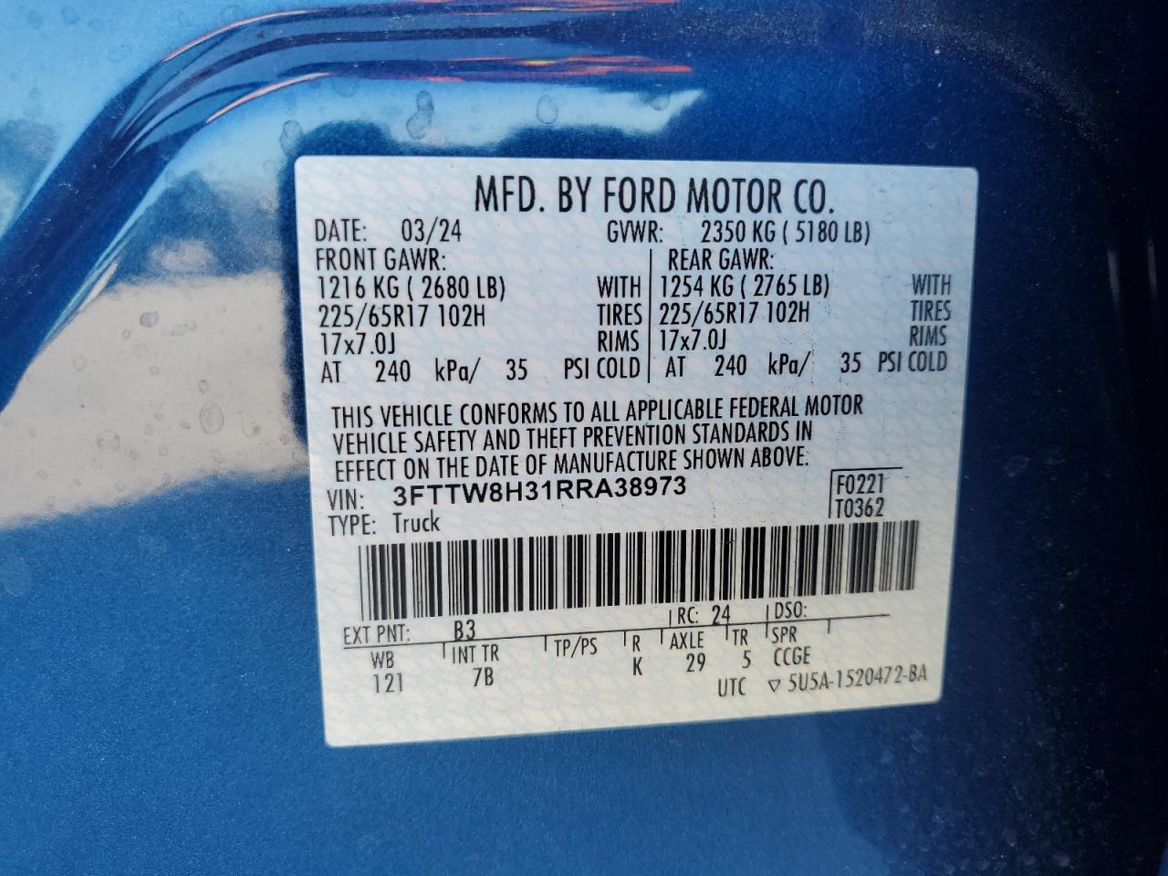2024 FORD MAVERICK XLT VIN:3FTTW8H31RRA38973