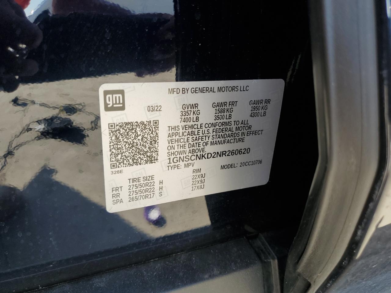 2022 CHEVROLET TAHOE C1500 LT VIN:1GNSCNKD2NR260620