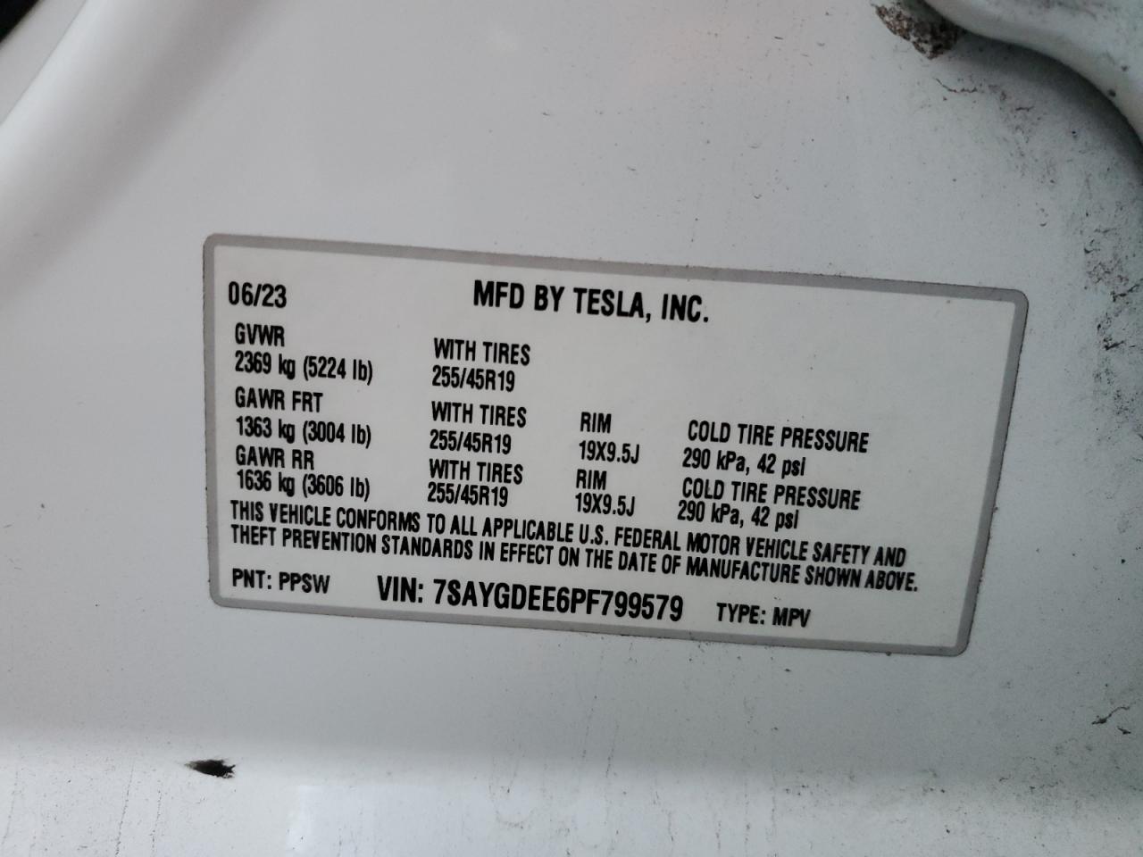 2023 TESLA MODEL Y VIN:7SAYGDEE6PF799579