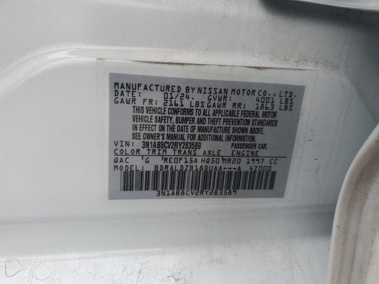2024 NISSAN SENTRA SV VIN:3N1AB8CV2RY283589