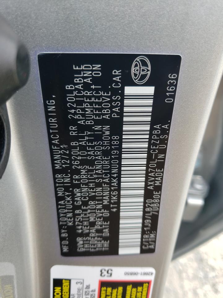 2022 TOYOTA CAMRY XSE VIN:4T1K61AK4NU019188