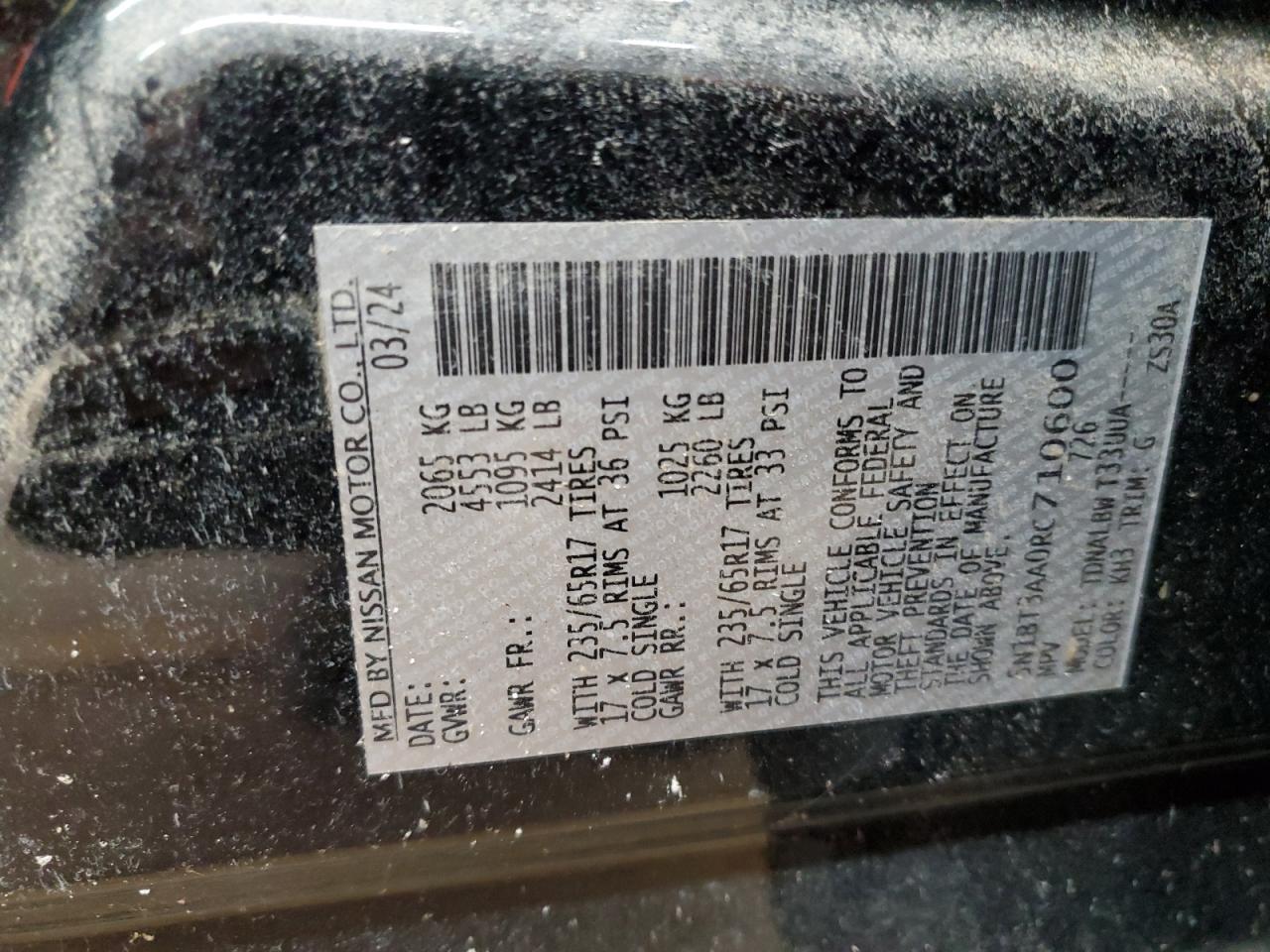 2024 NISSAN ROGUE S VIN:5N1BT3AA0RC710600