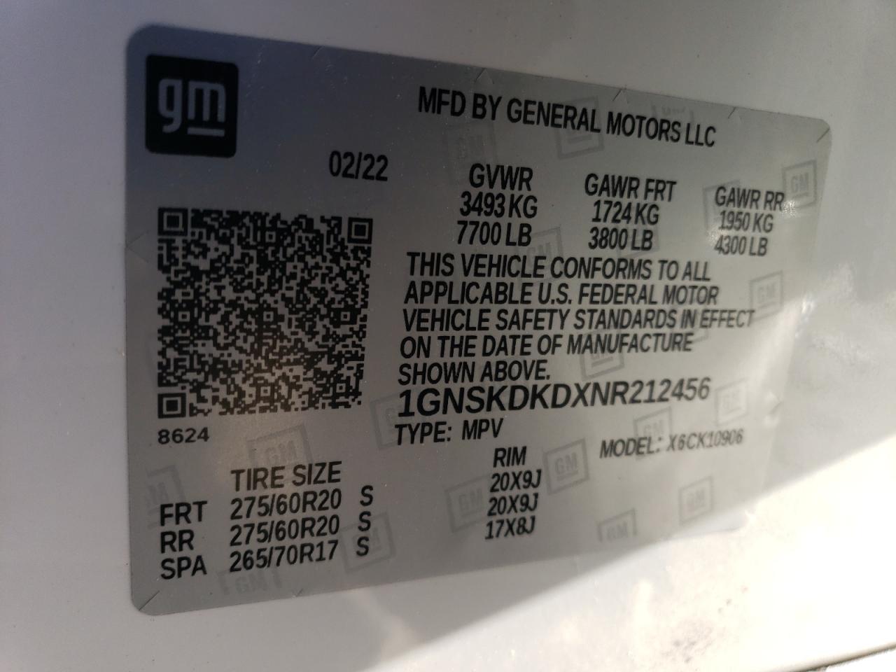 2022 CHEVROLET SUBURBAN K1500 Z71 VIN:1GNSKDKDXNR212456