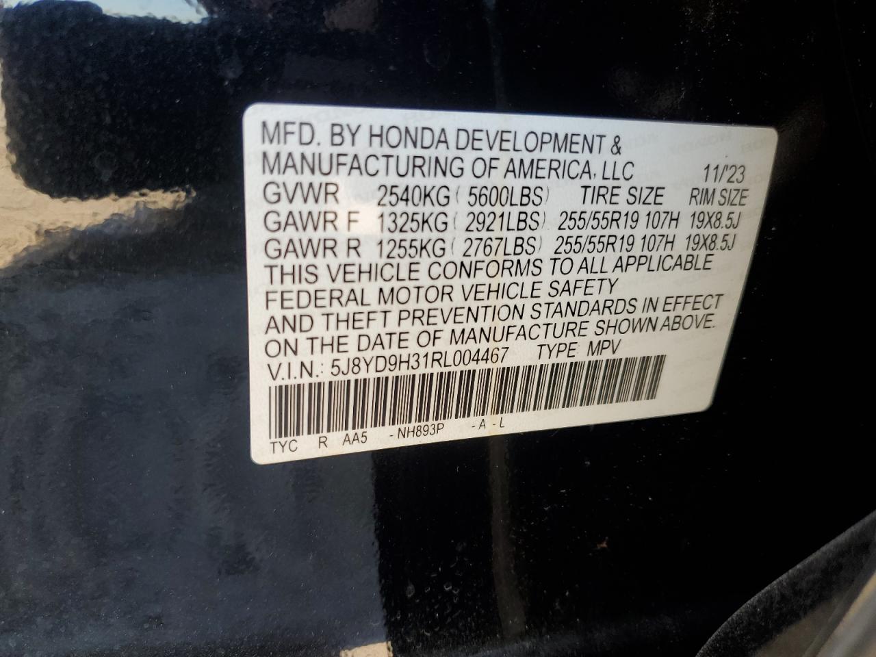 2024 ACURA MDX VIN:5J8YD9H31RL004467