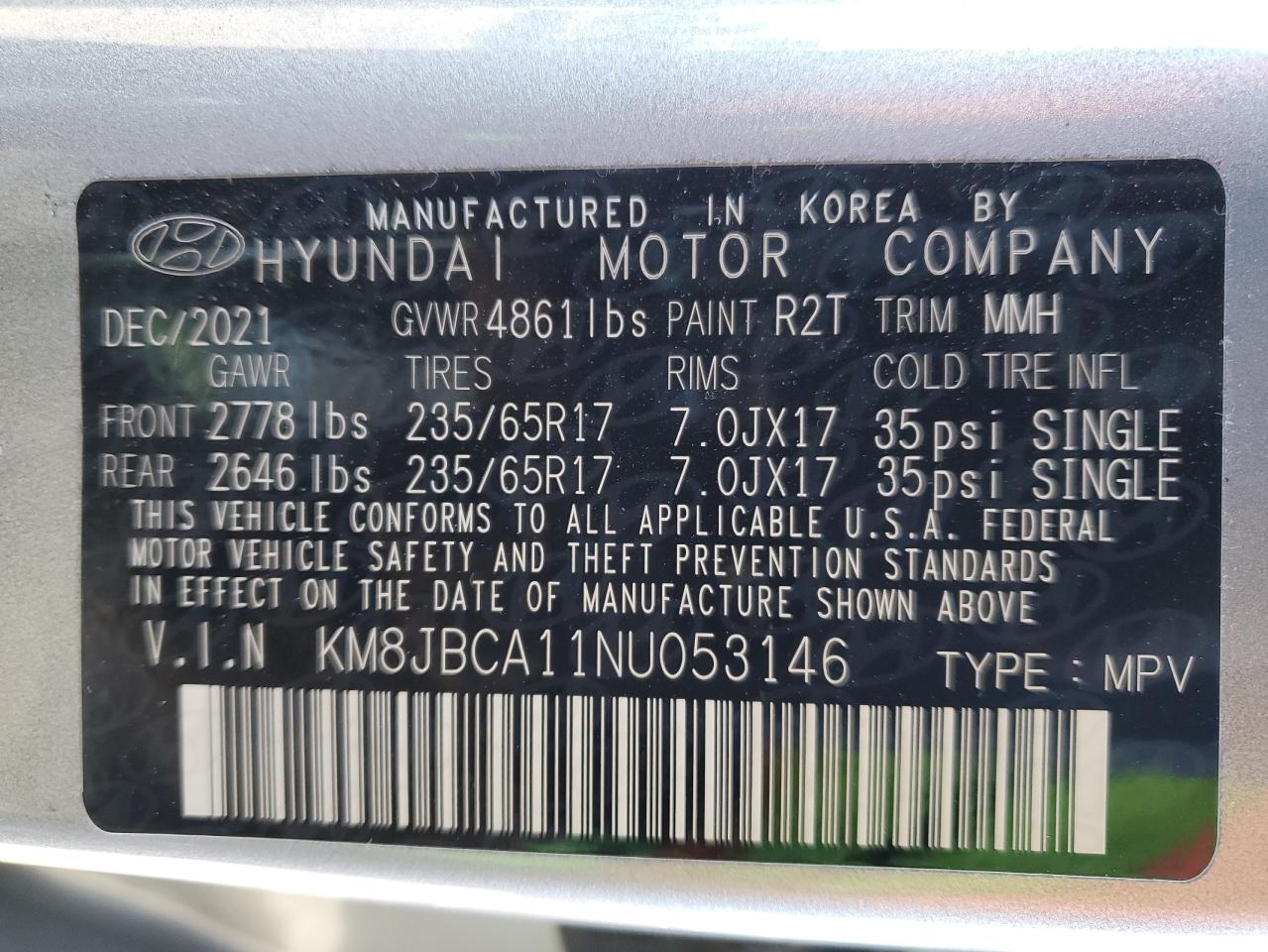 2022 HYUNDAI TUCSON BLUE VIN:KM8JBCA11NU053146