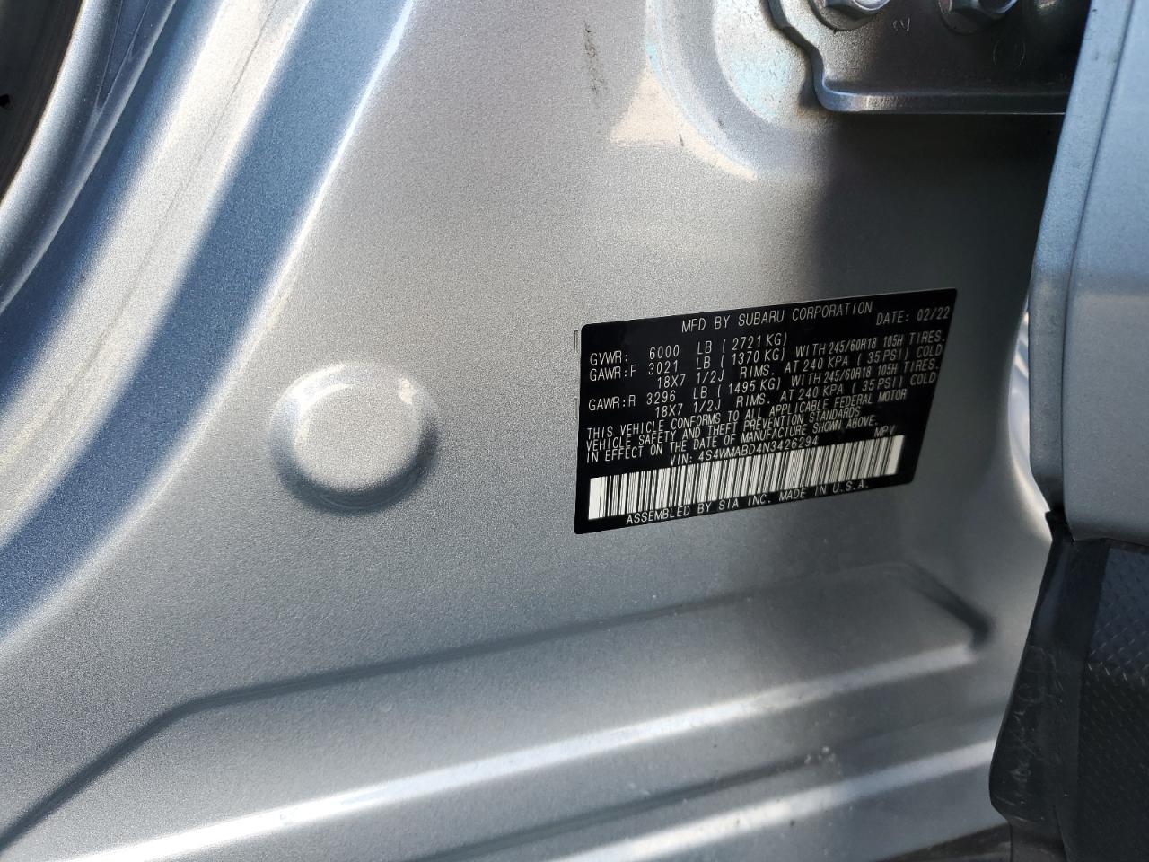 2022 SUBARU ASCENT PREMIUM VIN:4S4WMABD4N3426294