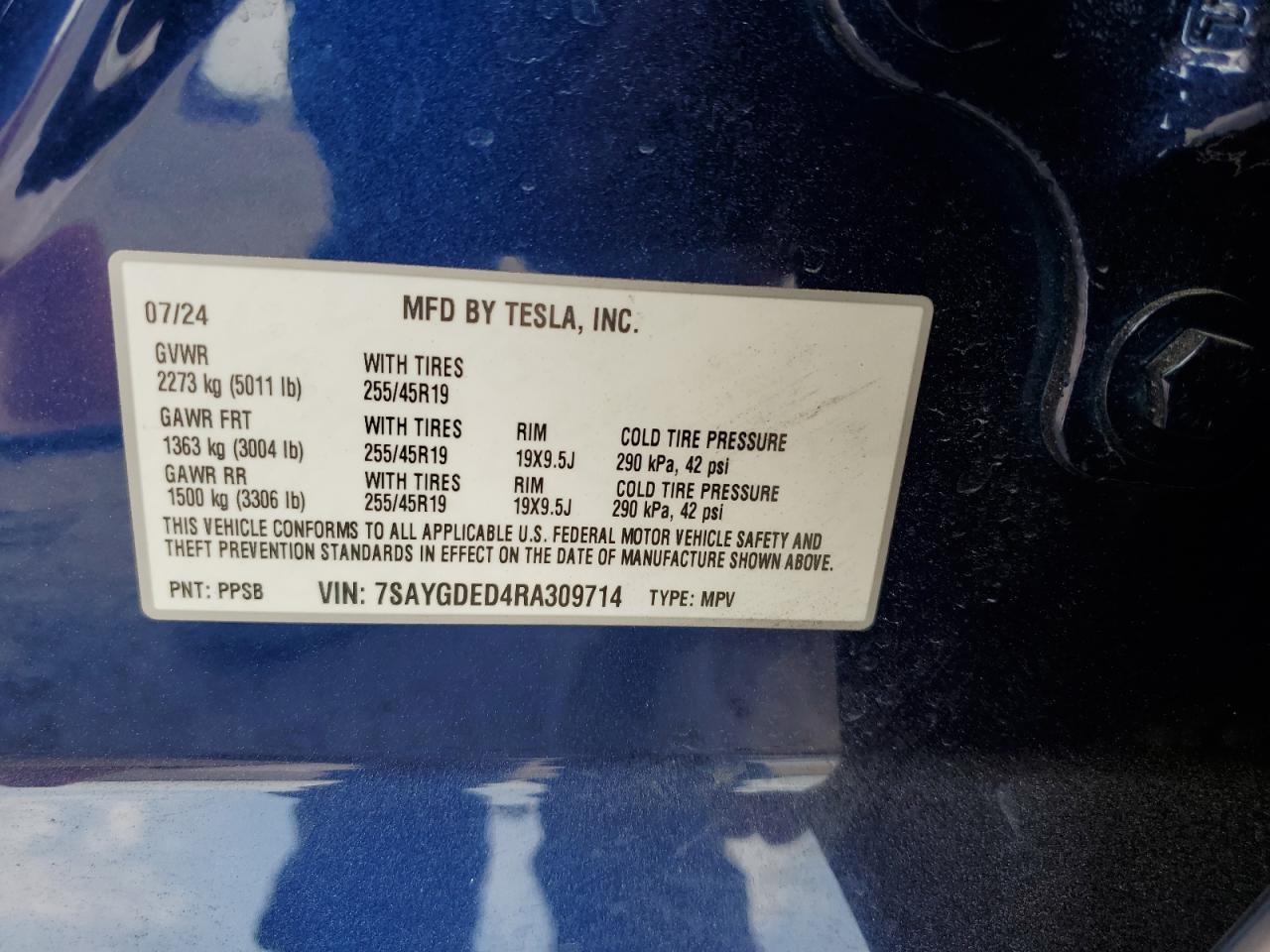 2024 TESLA MODEL Y VIN:7SAYGDED4RA309714