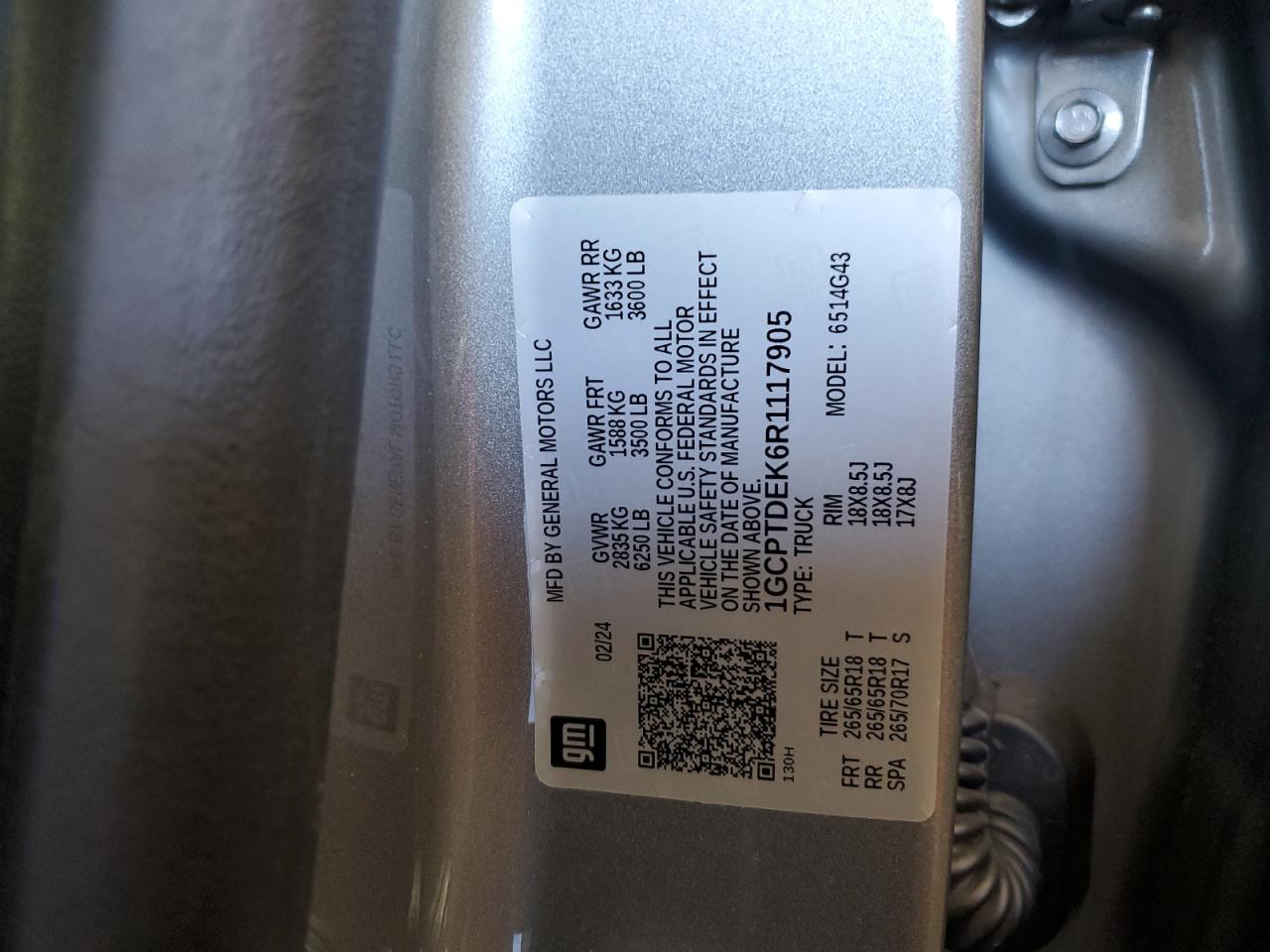 2024 CHEVROLET COLORADO Z71 VIN:1GCPTDEK6R1117905