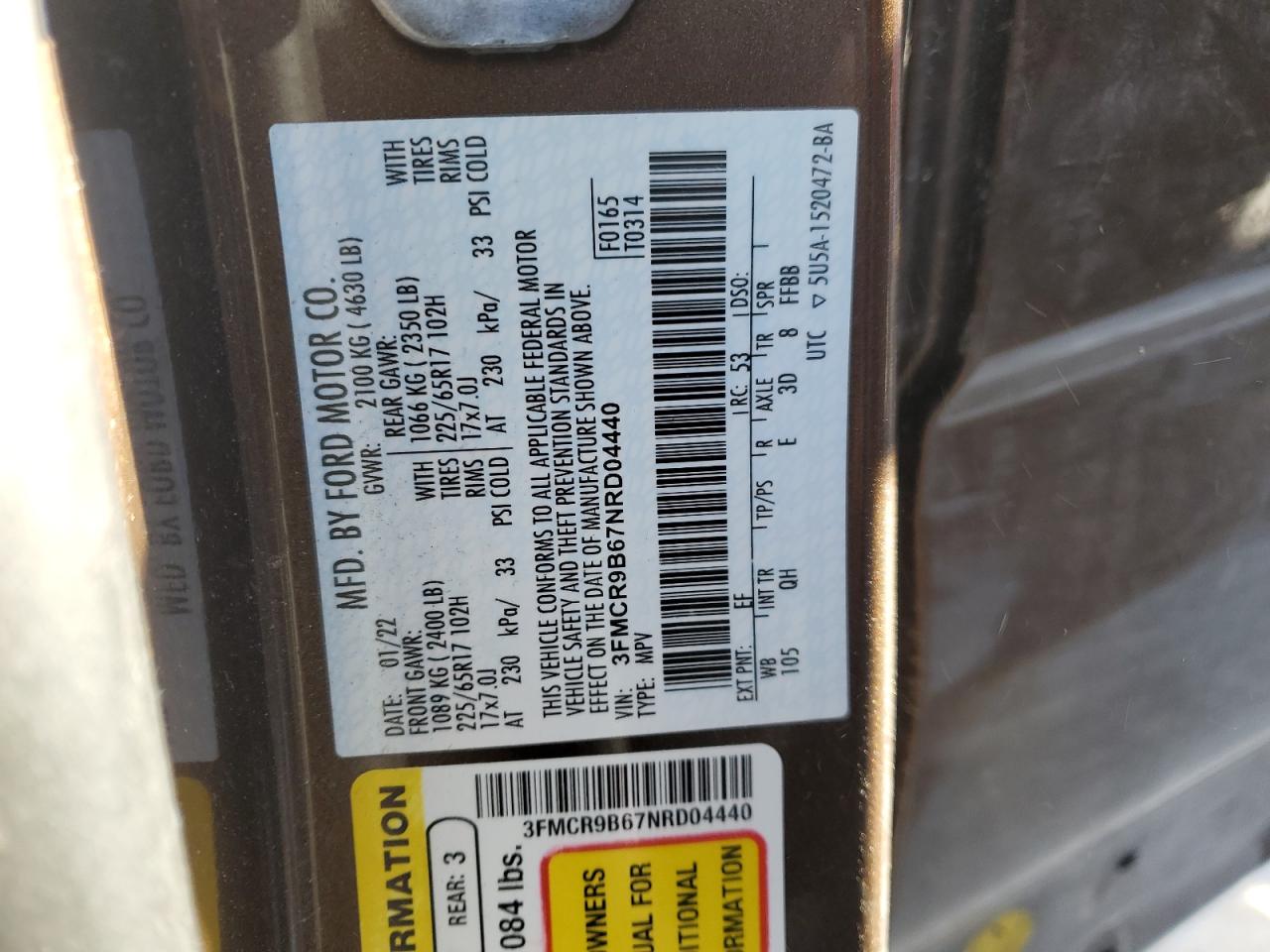 2022 FORD BRONCO SPORT BIG BEND VIN:3FMCR9B67NRD04440